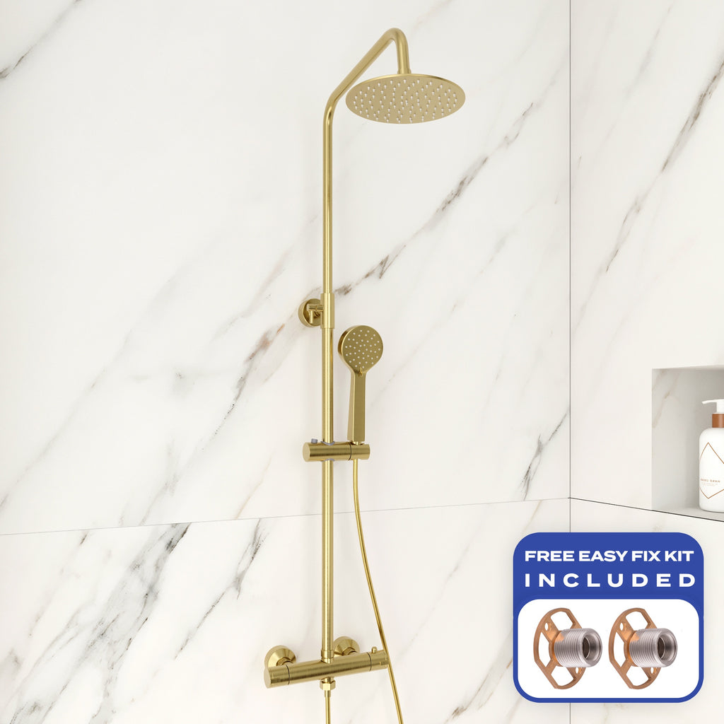 FNX Bathrooms Modern Brushed Brass Thermostatic Exposed Mixer Shower with Dual Round Heads