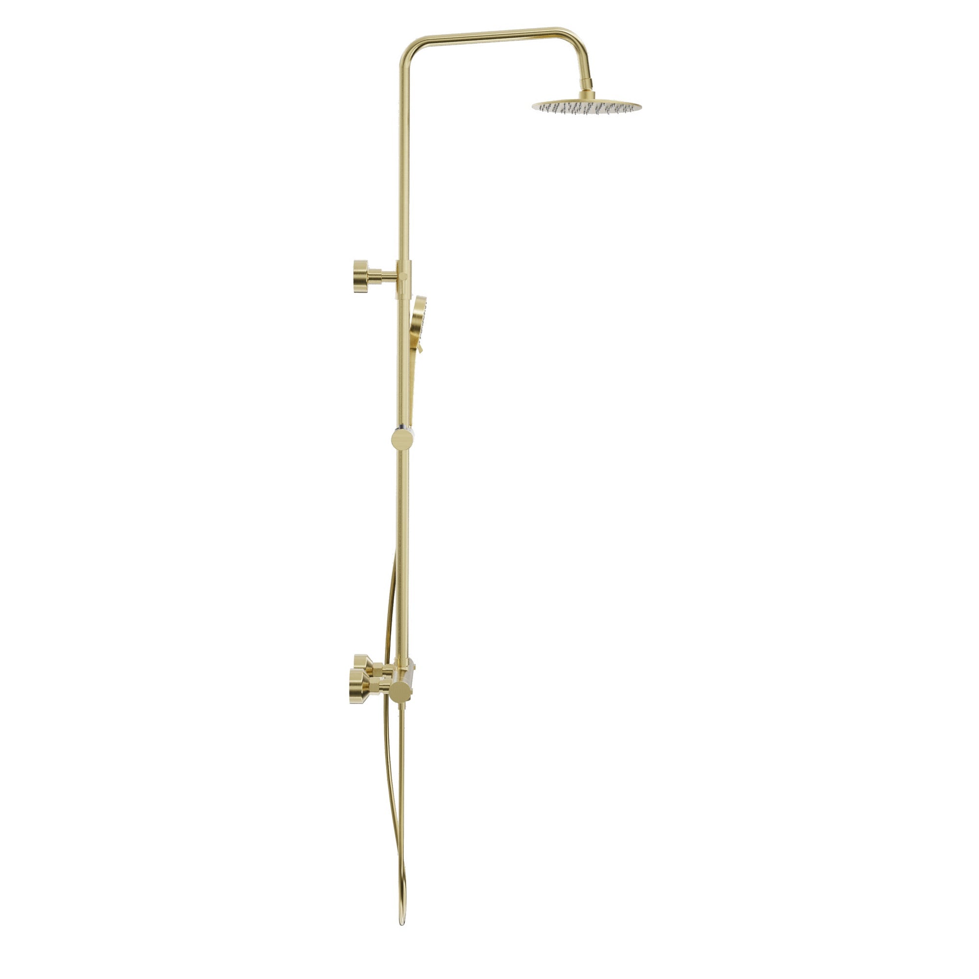 FNX Bathrooms Modern Brushed Brass Thermostatic Exposed Mixer Shower with Dual Round Heads