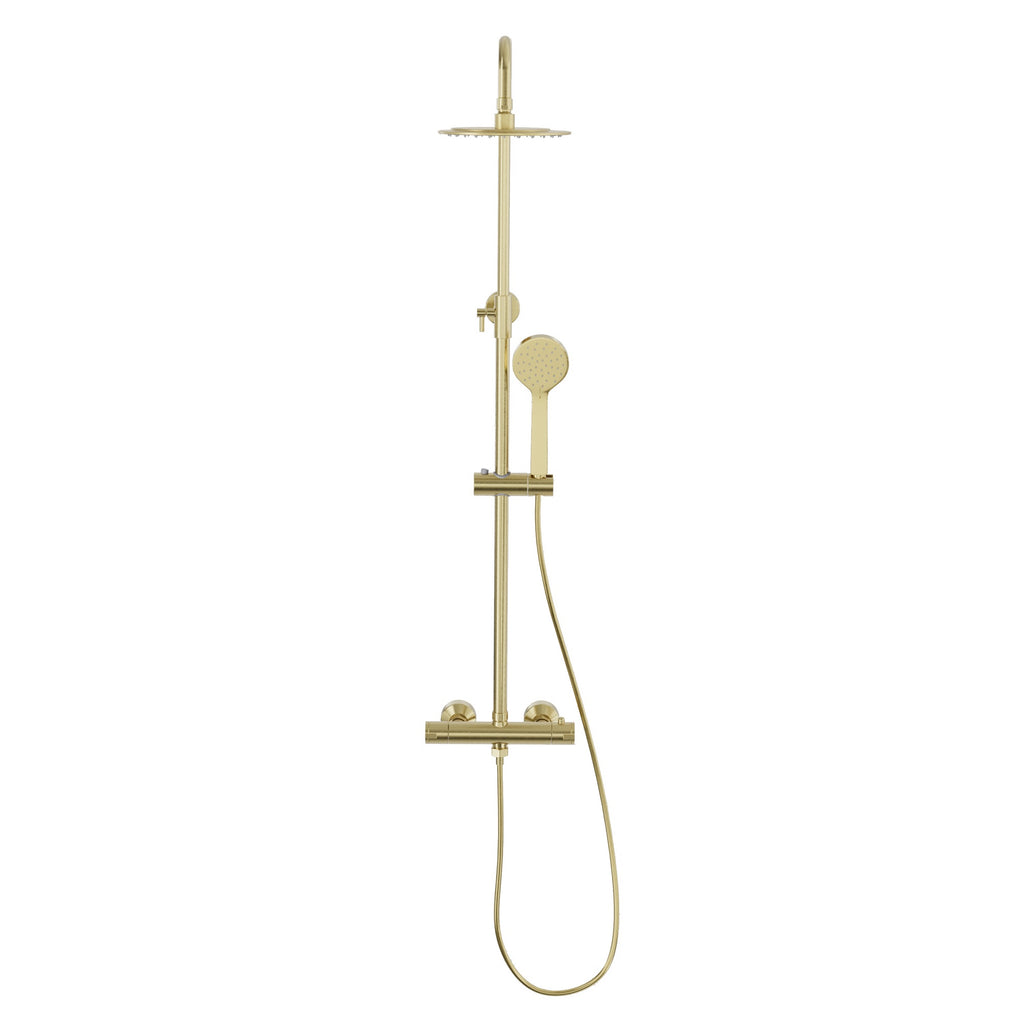 FNX Bathrooms Modern Brushed Brass Thermostatic Exposed Mixer Shower with Dual Round Heads