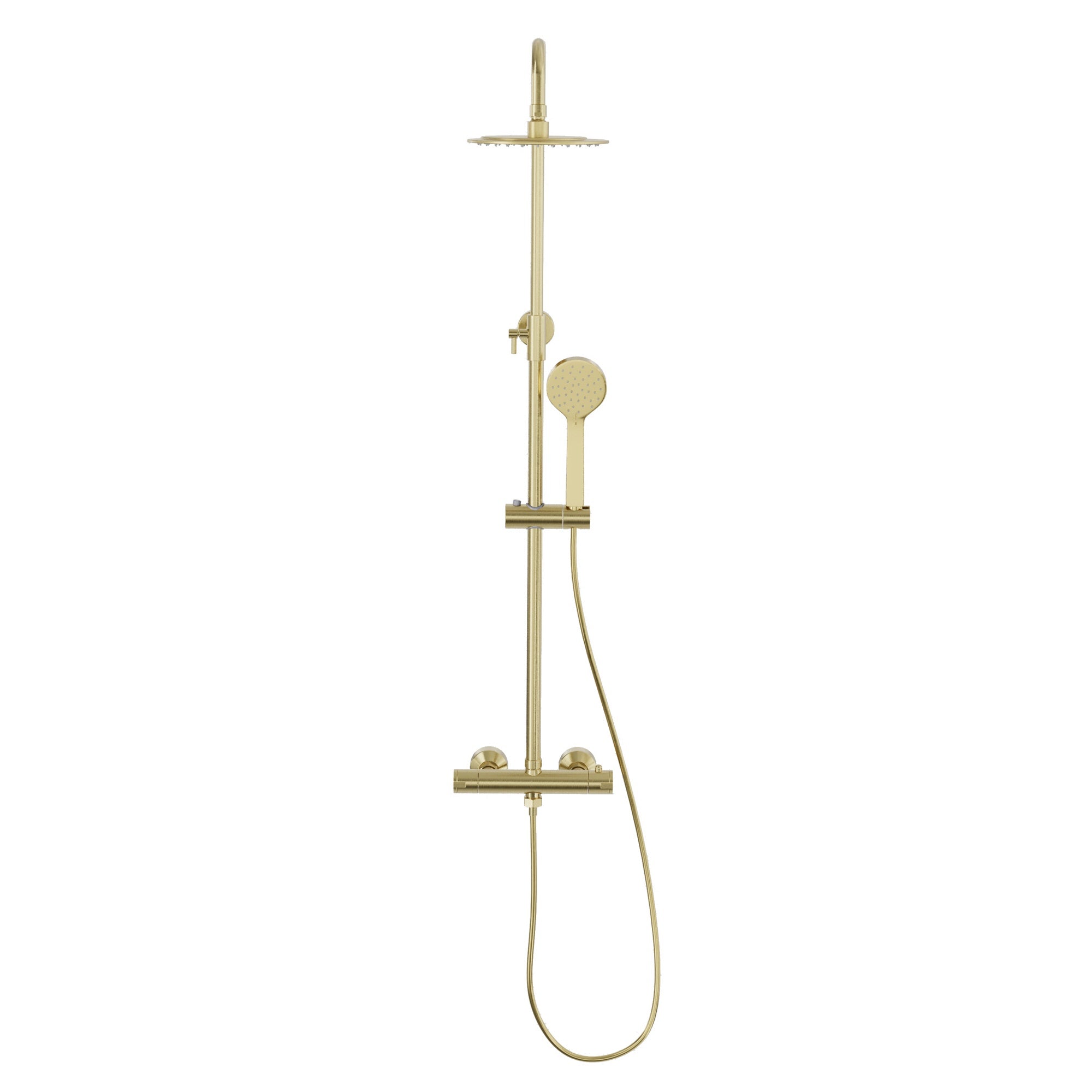 FNX Bathrooms Modern Brushed Brass Thermostatic Exposed Mixer Shower with Dual Round Heads