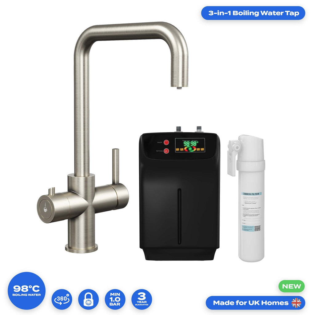 FNX Bathrooms 3-in-1 Instant Boiling Water Kitchen Tap & 2.4L Boiler - Brushed Steel with Child Lock & 360 Swivel Spout