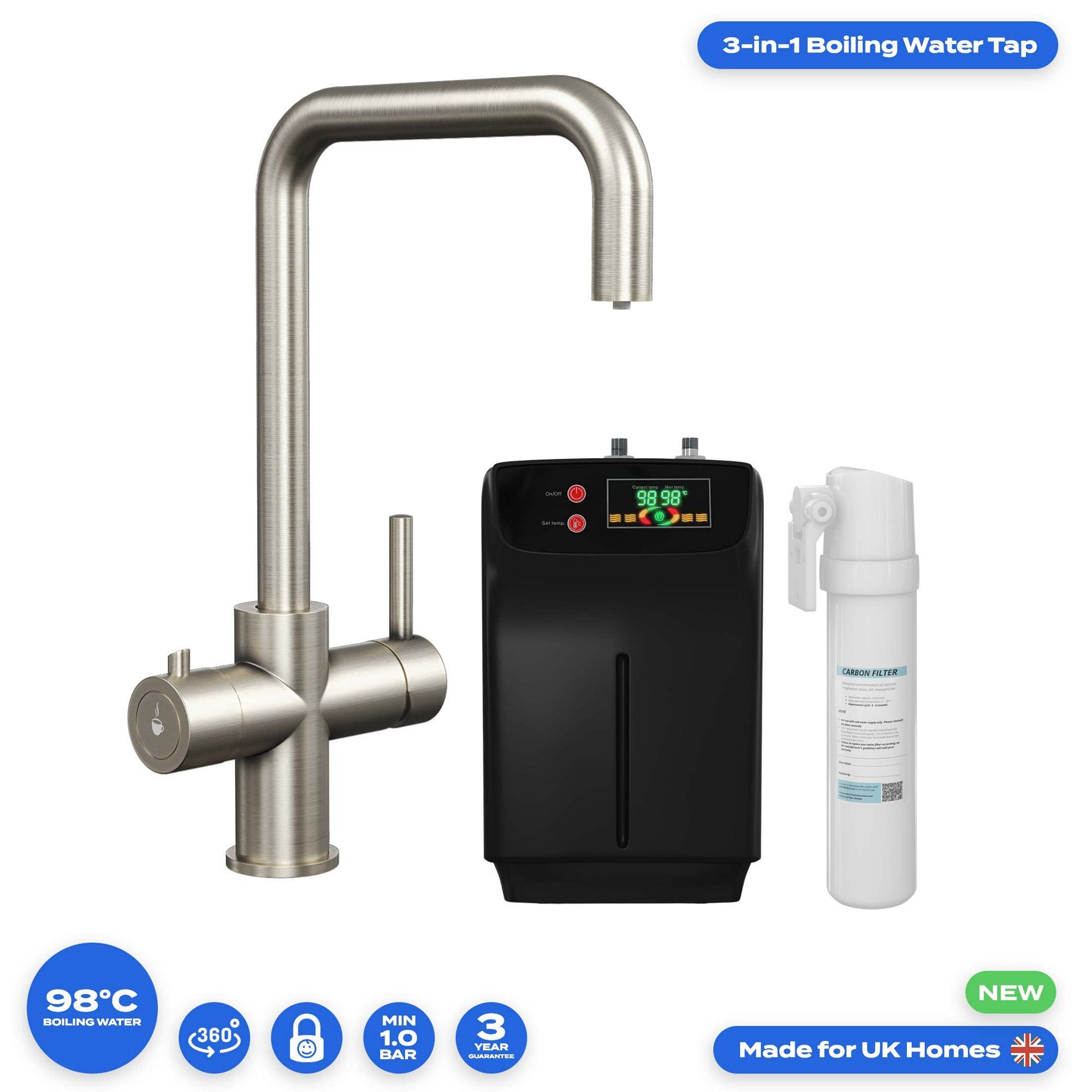 FNX Bathrooms 3-in-1 Instant Boiling Water Kitchen Tap & 2.4L Boiler - Brushed Steel with Child Lock & 360 Swivel Spout