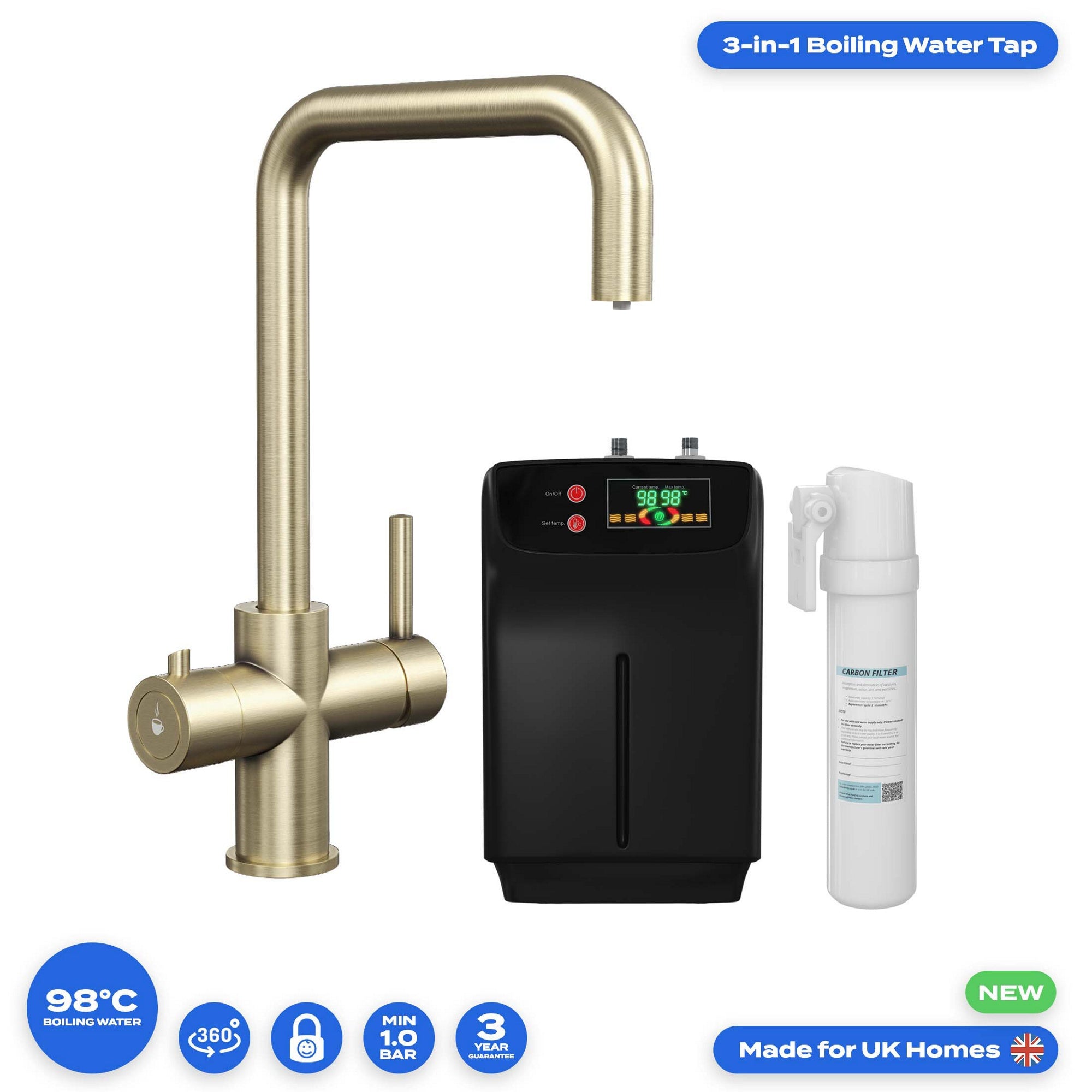 FNX Bathrooms 3-in-1 Brushed Brass Boiling Water Kitchen Tap & 2.4L Boiler System with Child Lock & Filter