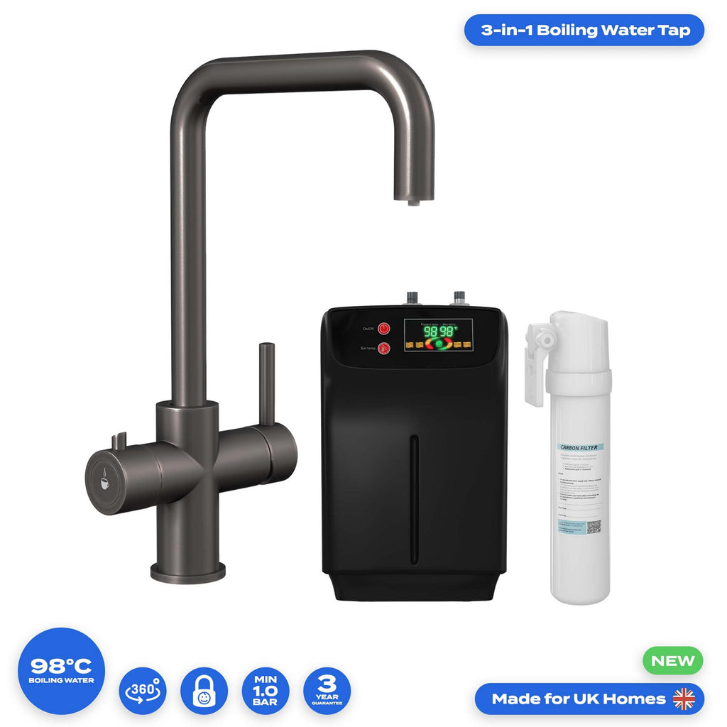 FNX Bathrooms Gunmetal 3-in-1 Boiling Water Kitchen Tap & 2.4L Boiler with Child Lock & 360 Swivel Spout