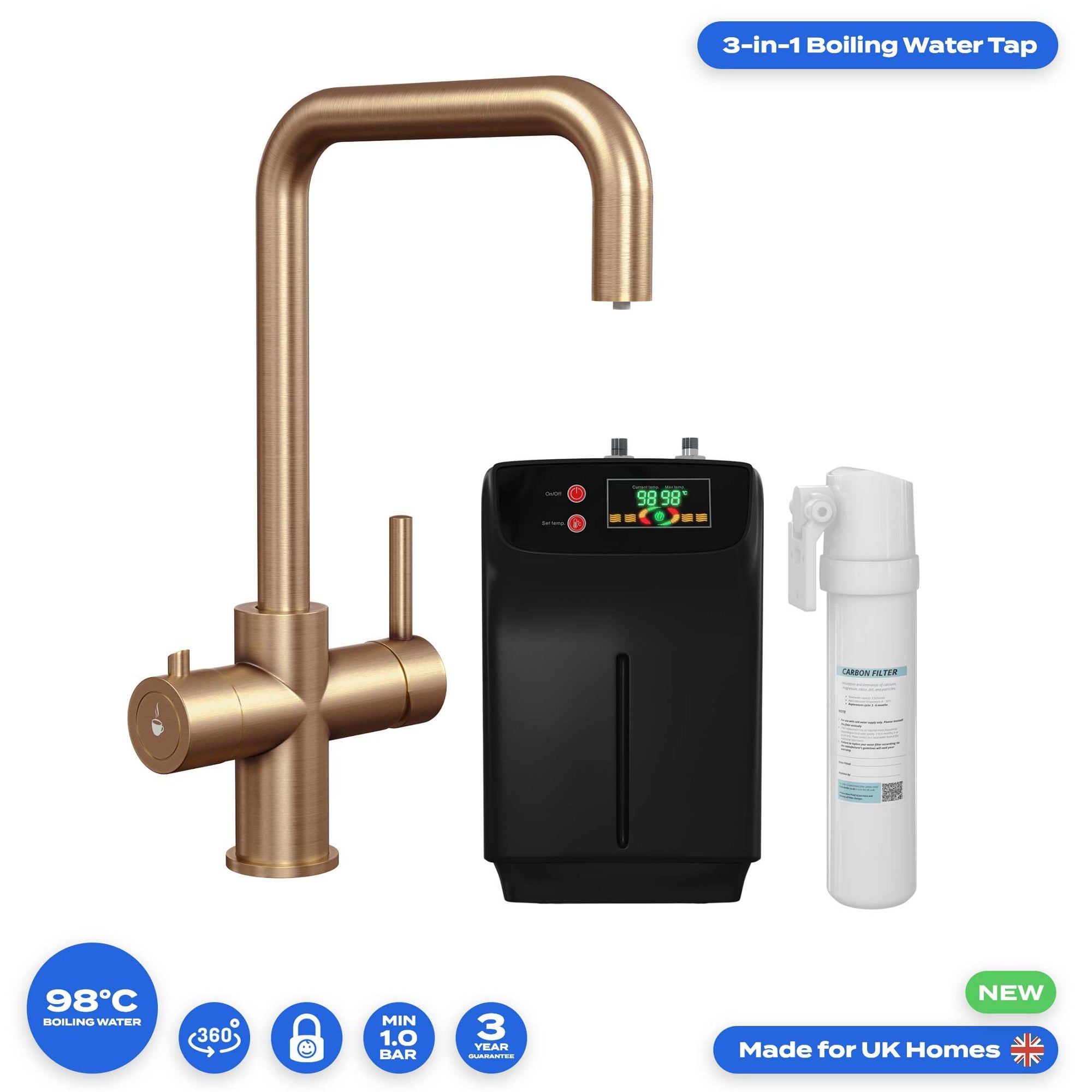 FNX Bathrooms 3-in-1 Brushed Copper Boiling Water Kitchen Tap with 2.4L Boiler & Child Lock