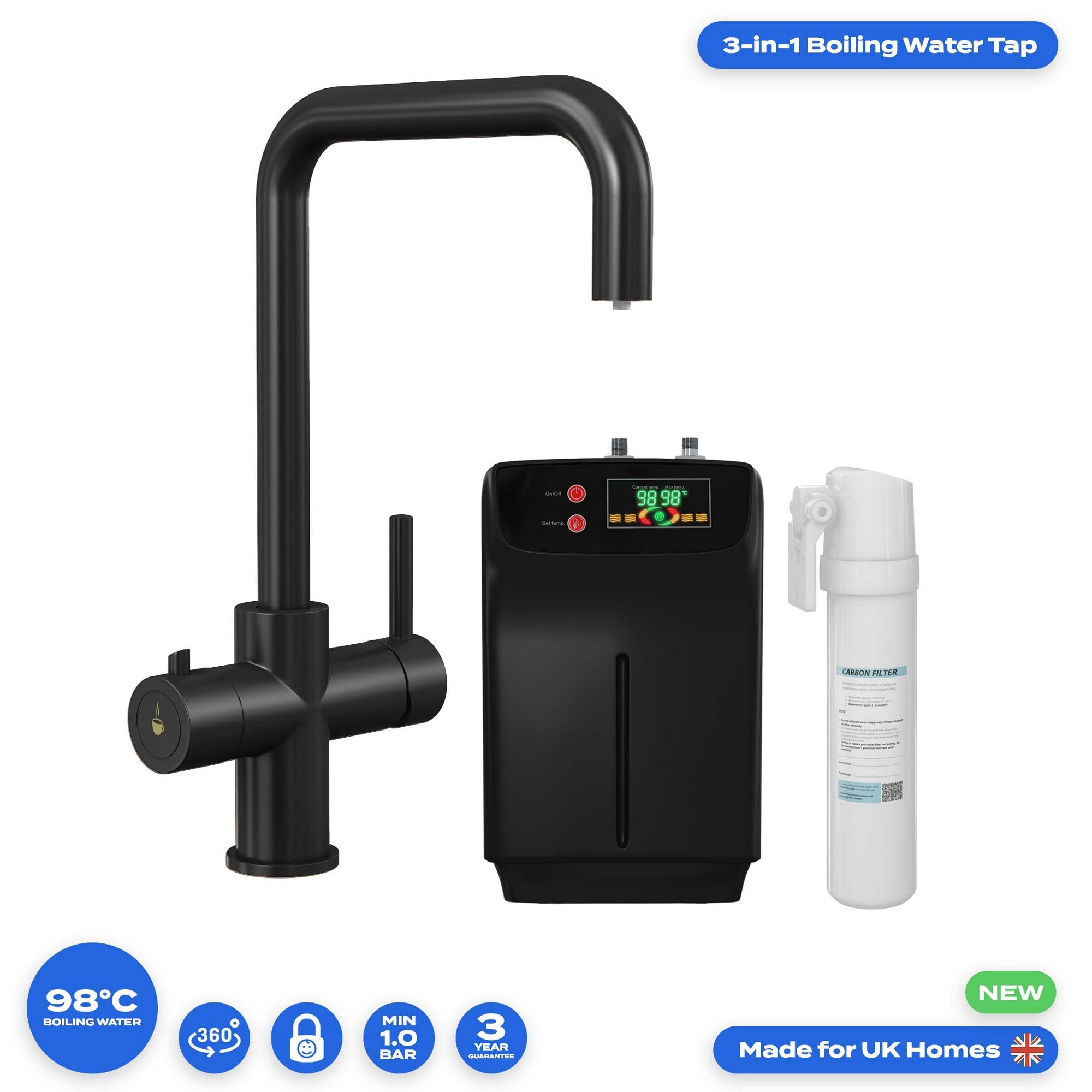 FNX Bathrooms 3-in-1 Matt Black Boiling Water Kitchen Tap with 2.4L Boiler, Child Lock & 360 Degree Swivel Spout