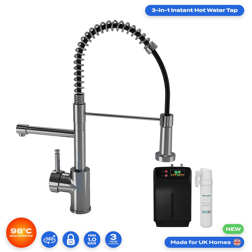 FNX Bathrooms Chrome 3-in-1 Instant Boiling Water Kitchen Mixer Tap with Pull-Out Spray, Filter & Tank