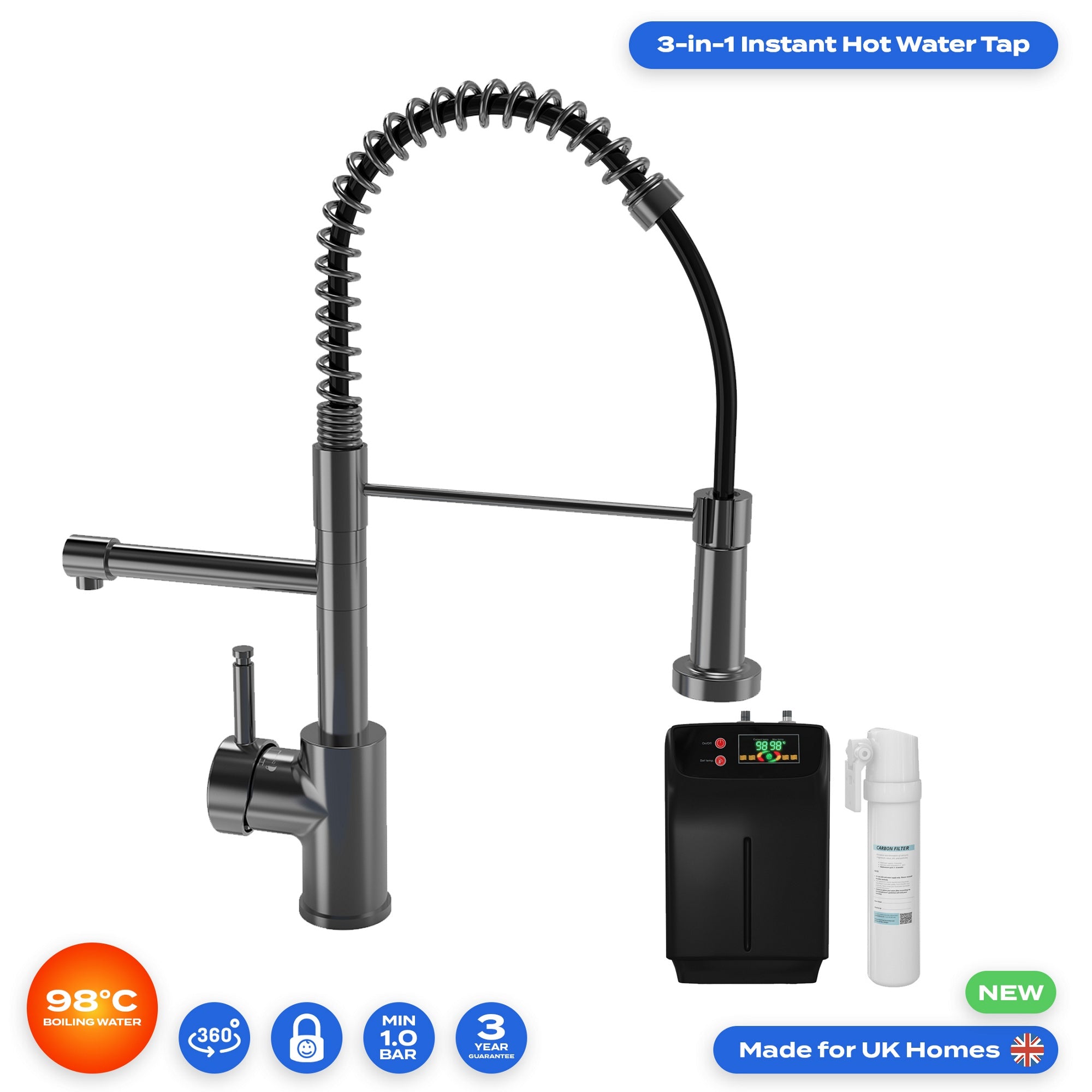 Gunmetal 3-in-1 Instant Boiling Water Kitchen Tap with Pull-out Spray, Filter & Tank