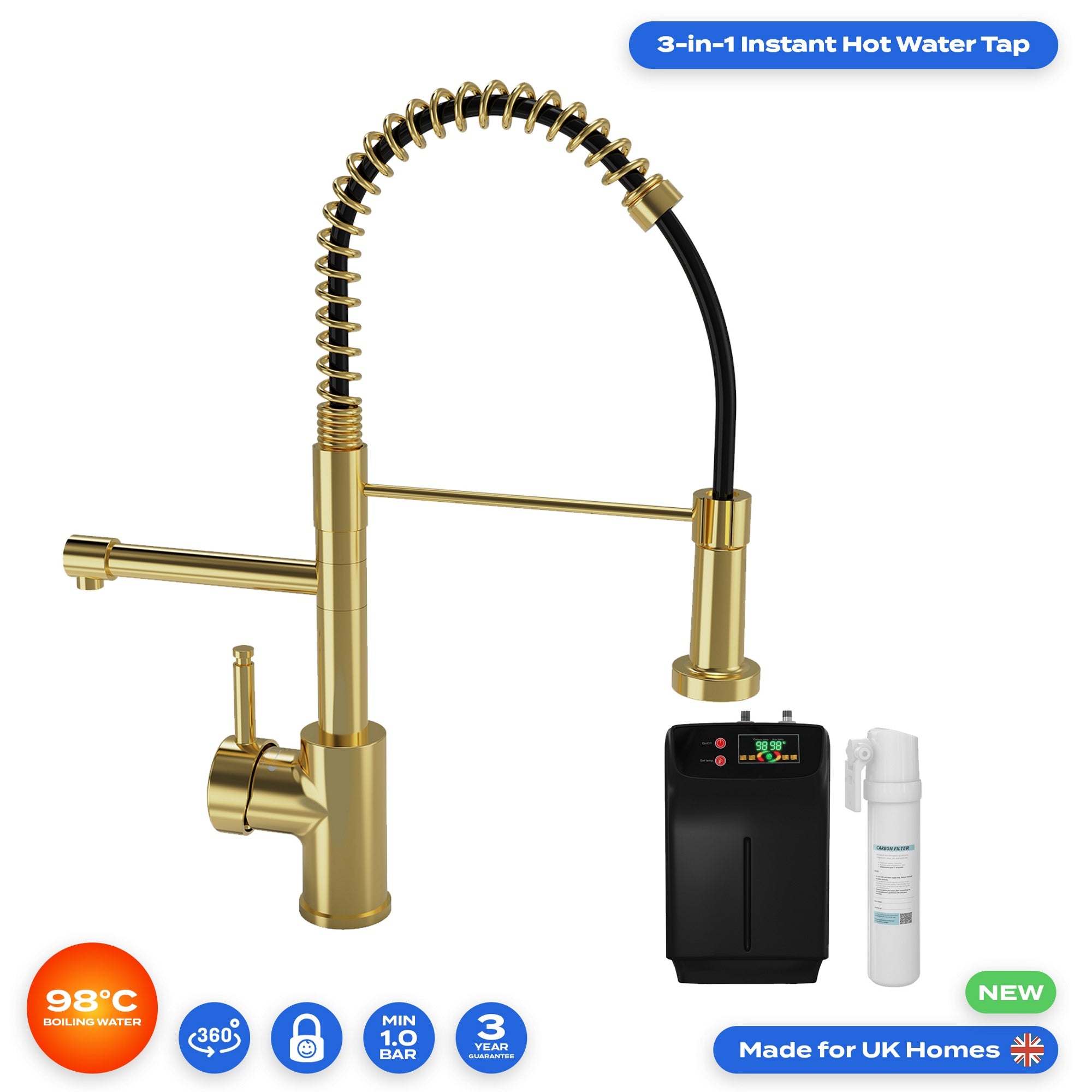 Brushed Brass 3-in-1 Instant Boiling Water Tap with Pull-Out Spout, Water Filter & Boiler Tank