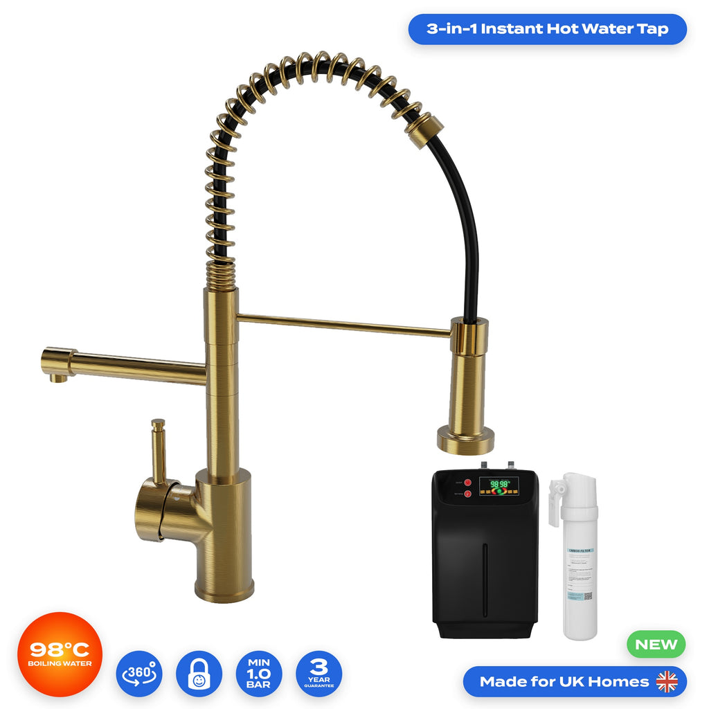 Brushed Gold 3-in-1 Instant Boiling Water Kitchen Tap, Pull-Out Spout & Filter System