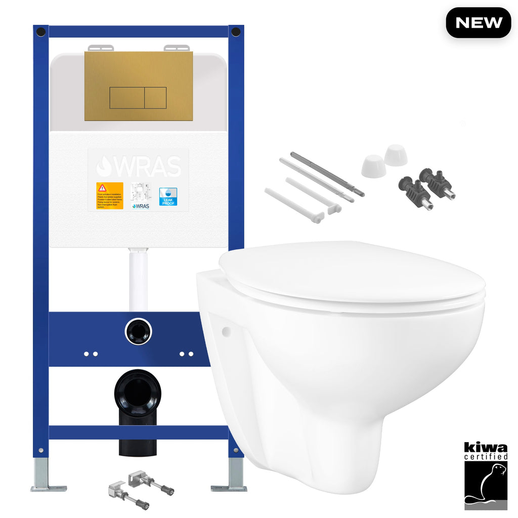 Wall Hung Toilet Pan with Concealed Cistern Fame - Brushed Brass Gold Flush Plate