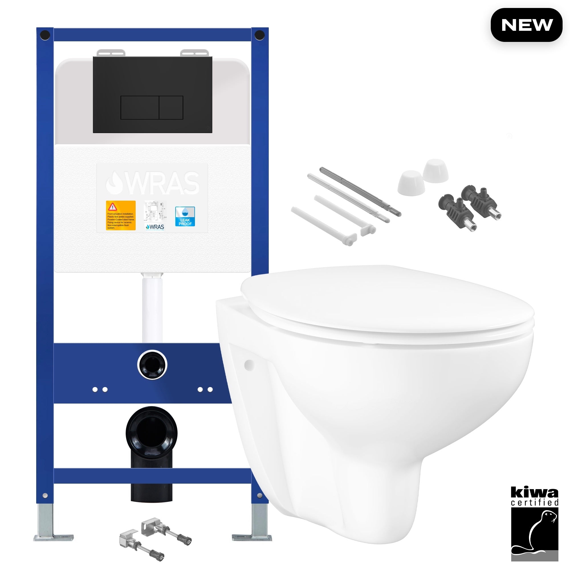 Bubly Bathrooms Space-Saving Wall Hung Toilet Set with Soft-Close Seat & Low-Height Cistern - Matt Black Flush Plate
