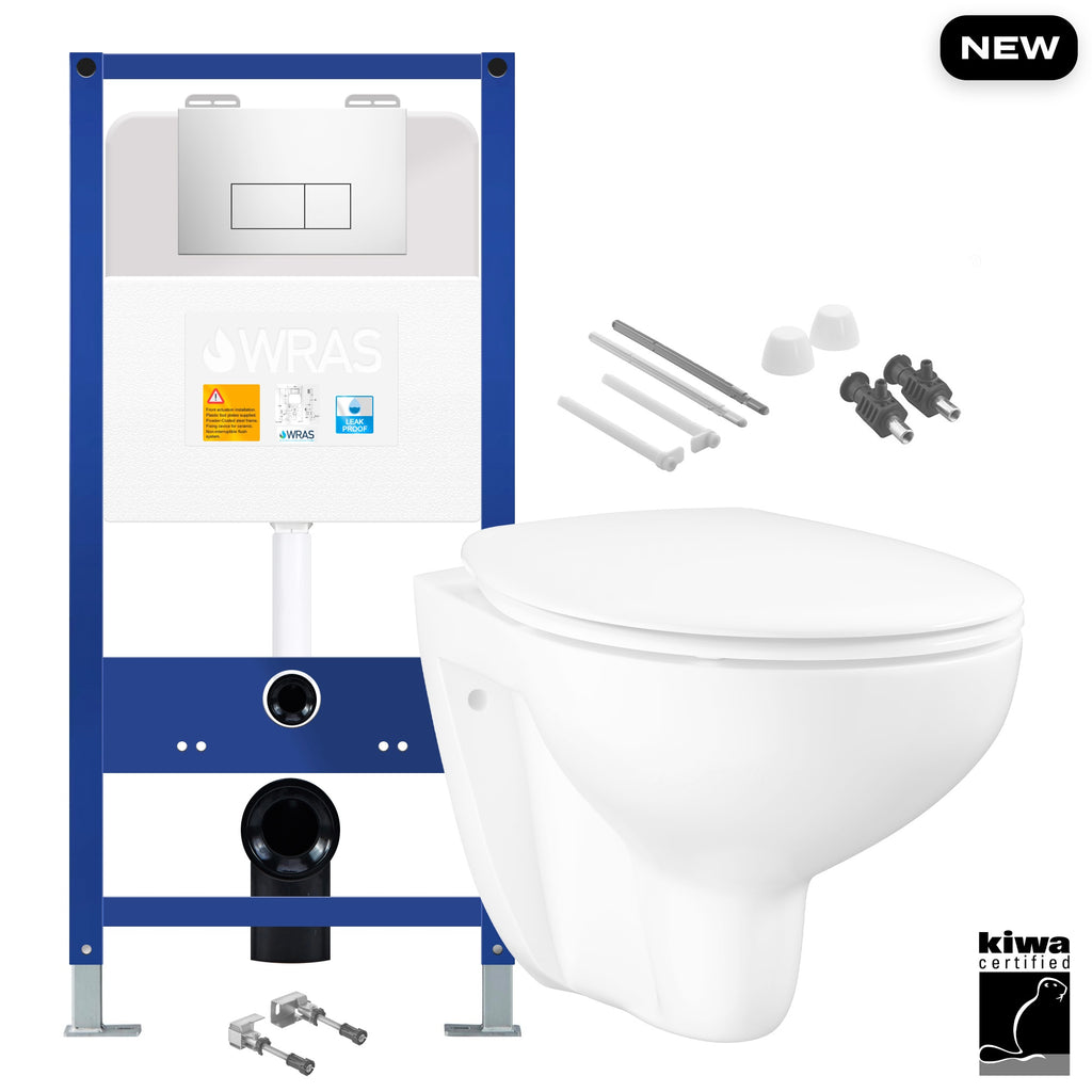 Bubly Bathrooms Wall-Hung Toilet Set with Soft-Close Seat & 1.1m Low Height Concealed Cistern - Chrome Flush Plate