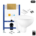 Bubly Bathrooms Modern Wall Hung Toilet Set with Low-Height Concealed Cistern, Ultra-Slim Soft Close Seat & Gold Flush Plate