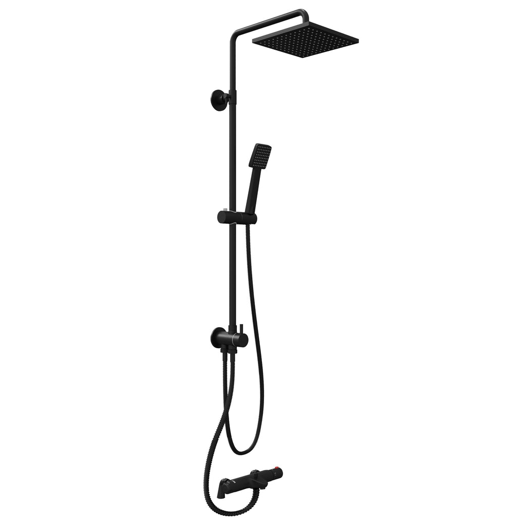 FNX Bathrooms Matt Black Square Thermostatic Bath Shower Mixer Rigid Riser Kit with Fixed Head & Handset
