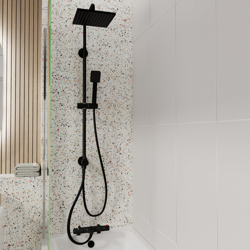 FNX Bathrooms Matt Black Square Thermostatic Bath Shower Mixer Rigid Riser Kit with Fixed Head & Handset