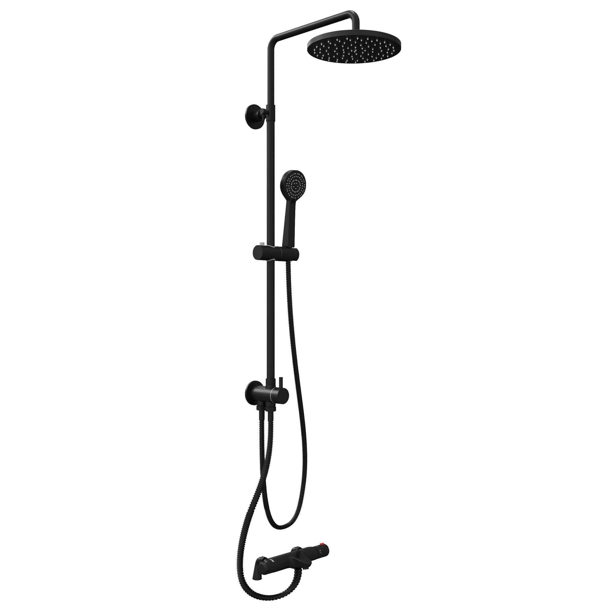 FNX Bathrooms Matt Black Thermostatic Bath Shower Mixer Tap with Rigid Riser Kit & Dual Heads - Round Design