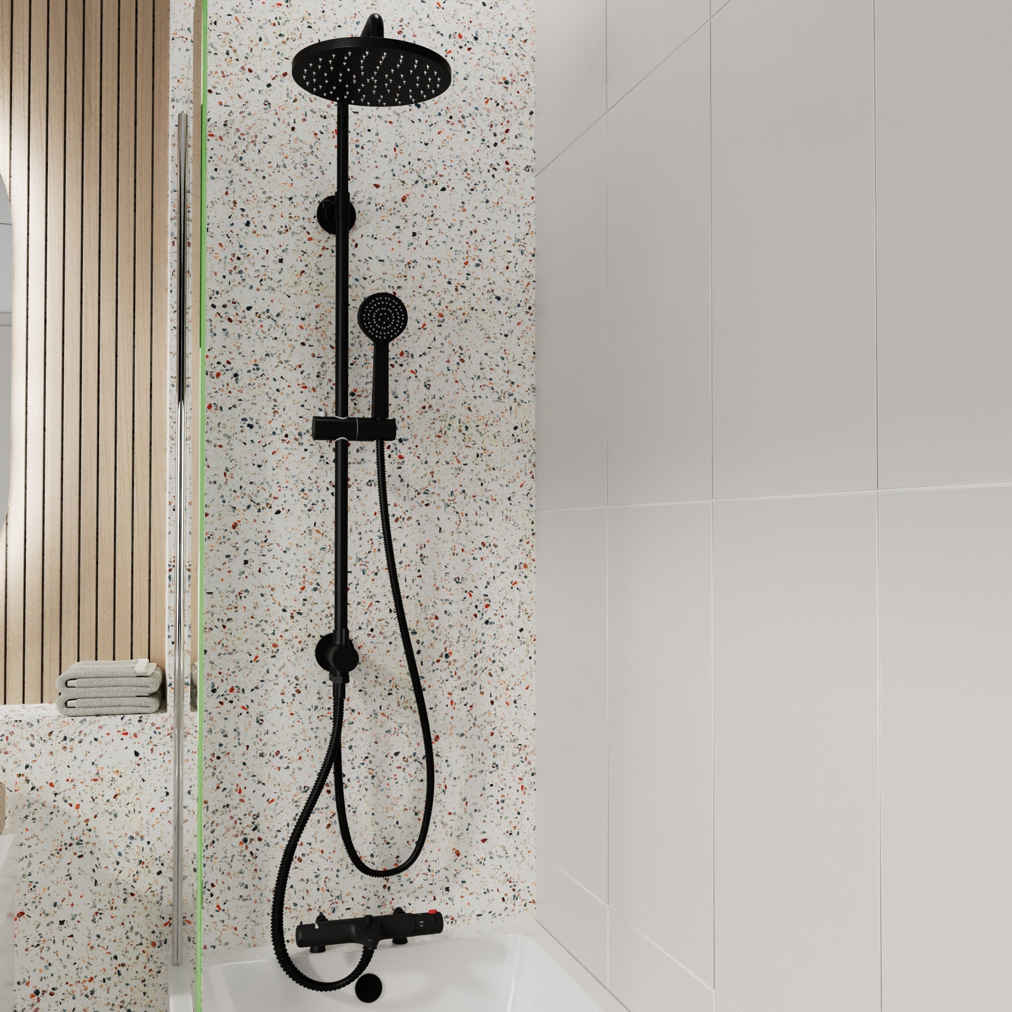 FNX Bathrooms Matt Black Thermostatic Bath Shower Mixer Tap with Rigid Riser Kit & Dual Heads - Round Design