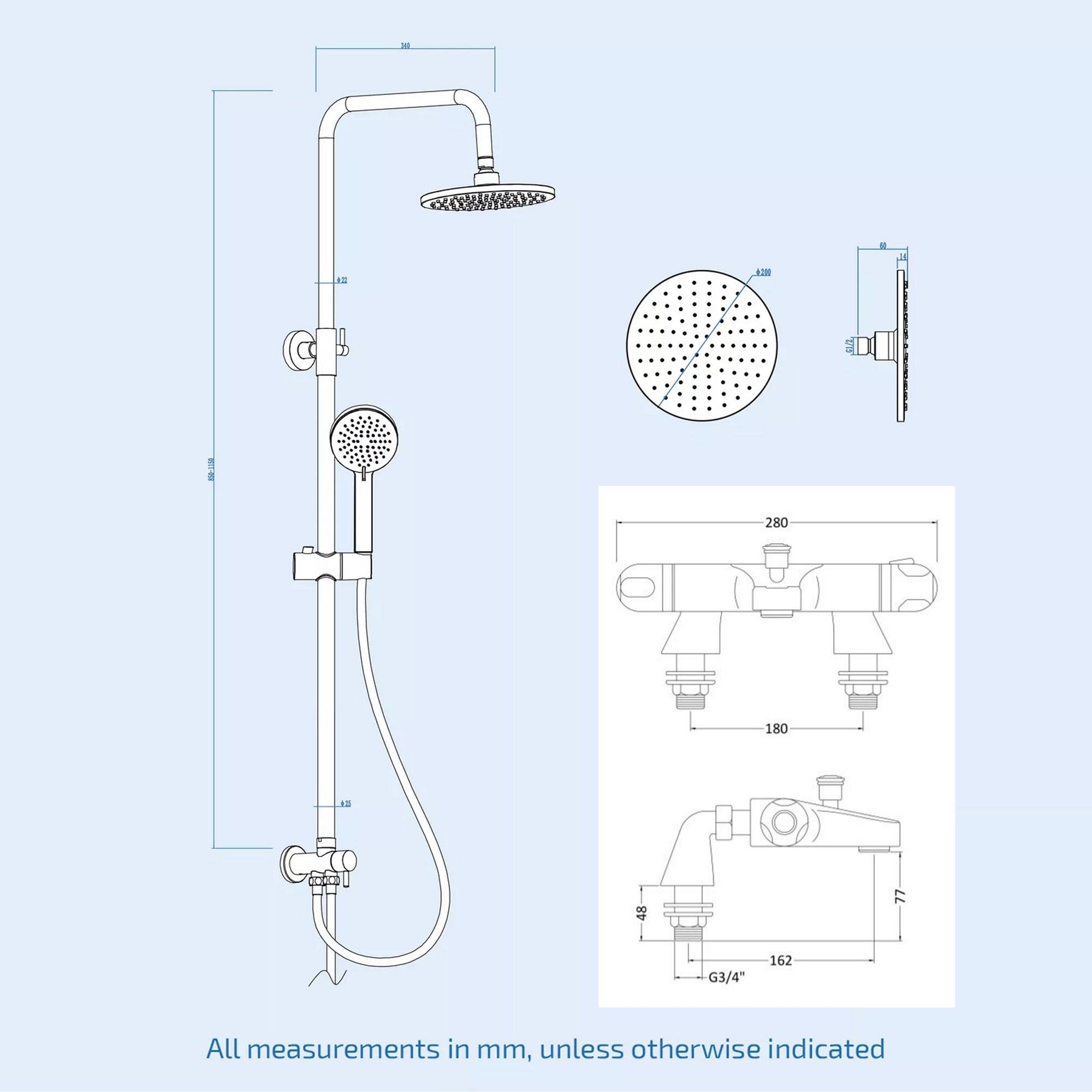 FNX Bathrooms Matt Black Thermostatic Bath Shower Mixer Tap with Rigid Riser Kit & Dual Heads - Round Design