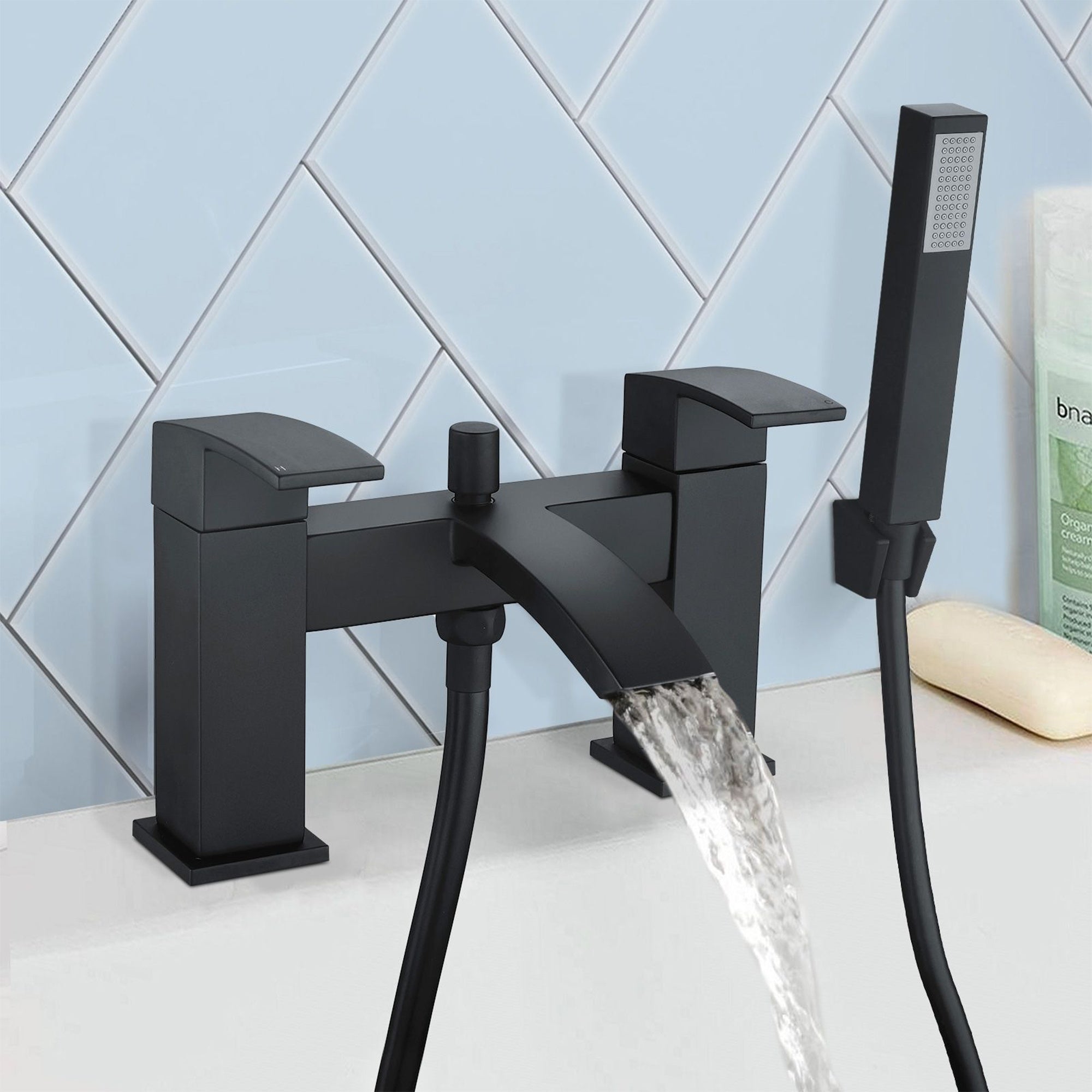 Modern Matt Black Waterfall Bathroom Bath Shower Mixer Tap with Handset and Wall Bracket - Bath Mounted