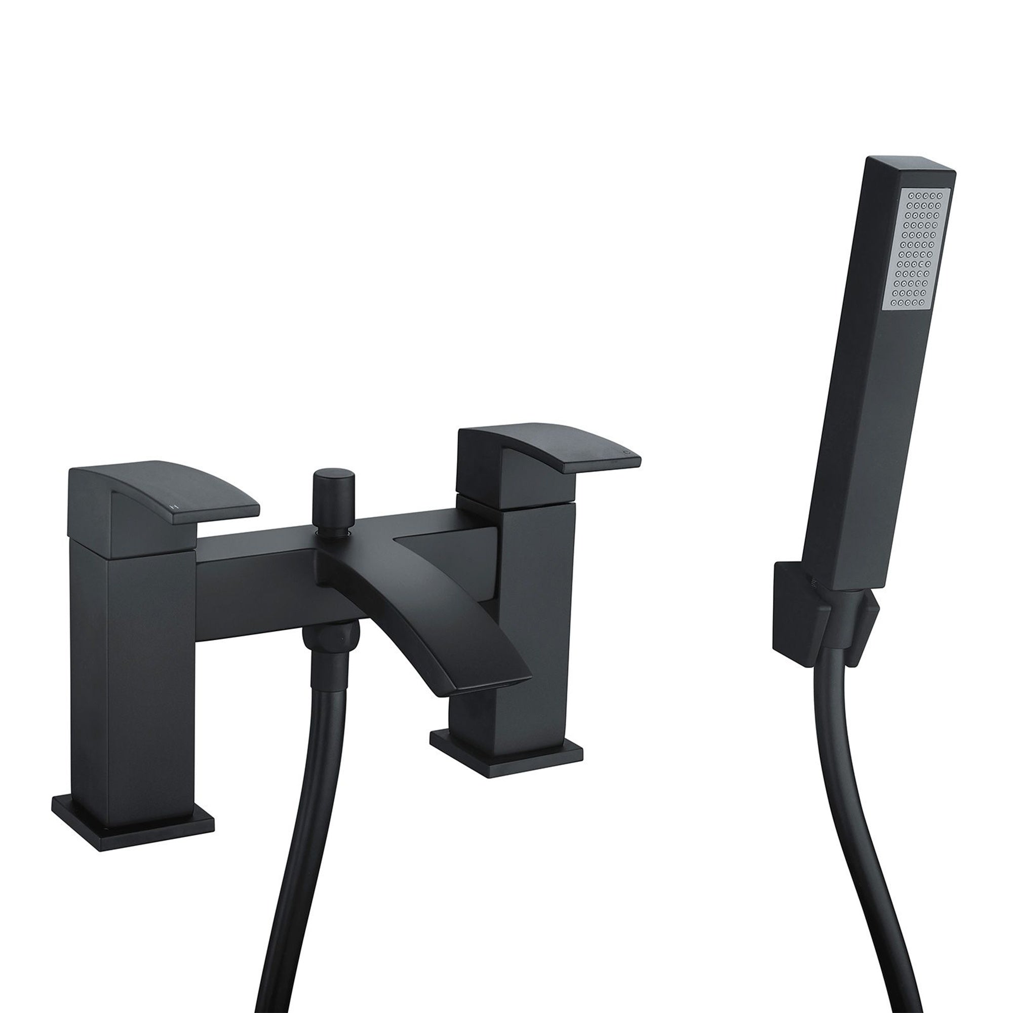Modern Matt Black Waterfall Bathroom Bath Shower Mixer Tap with Handset and Wall Bracket - Bath Mounted