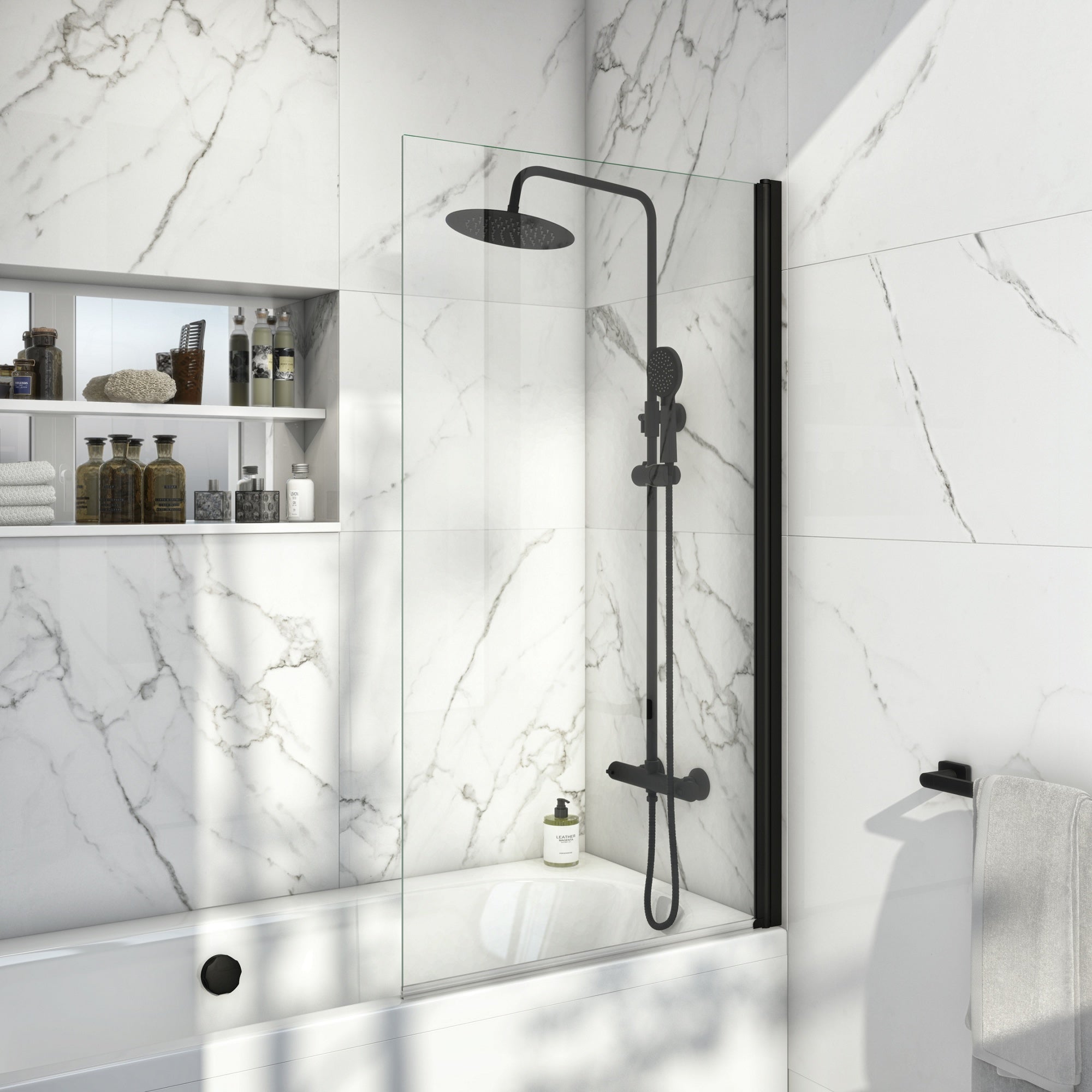 Modern Straight Bath Screen 1400x800mm - Black Aluminium Frame & 6mm Toughened Easy-Clean Glass