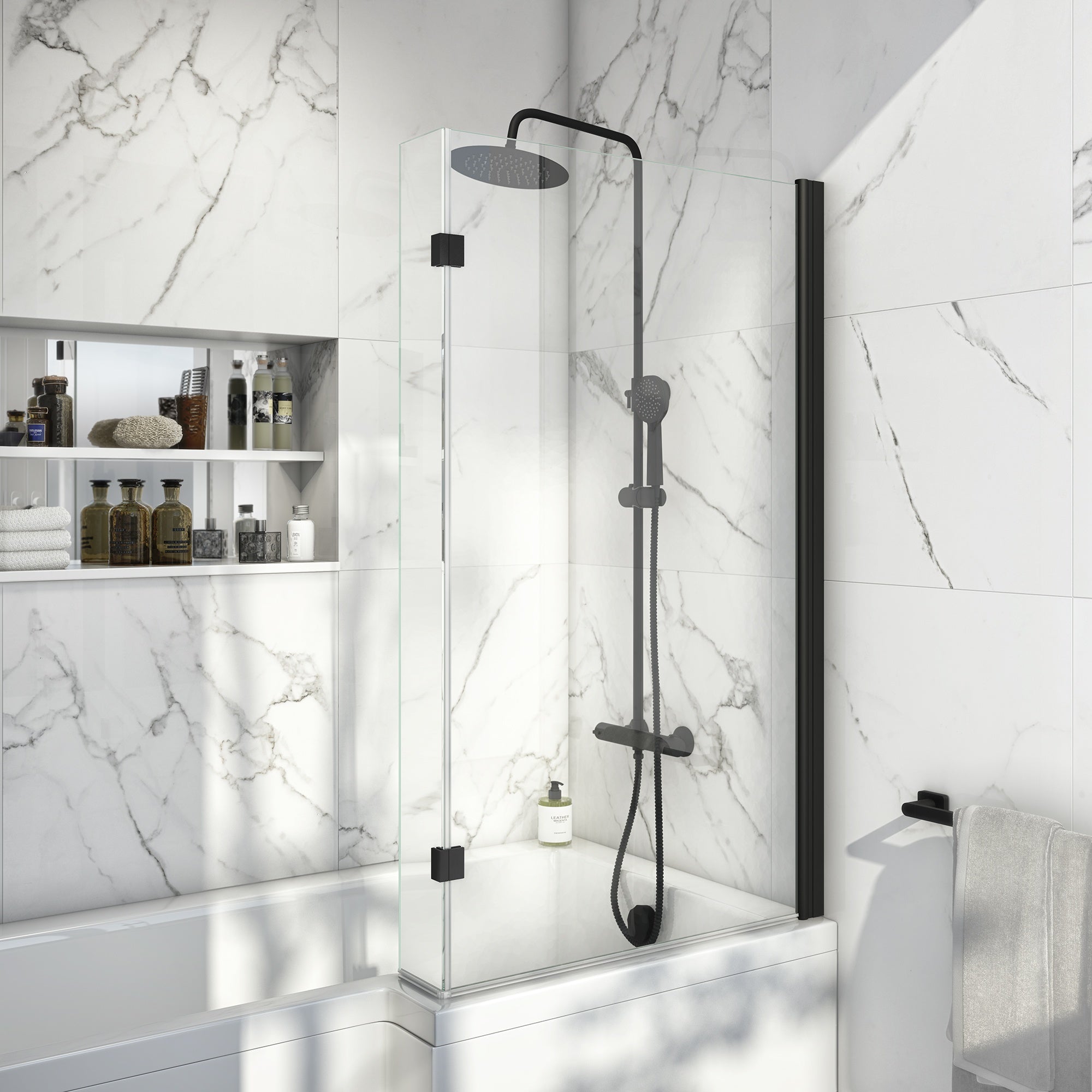 FNX Bathrooms L-Shape Bath Screen 6mm Toughened Clear Glass with Black Aluminium Frame - 1400 x 825mm Adjustable
