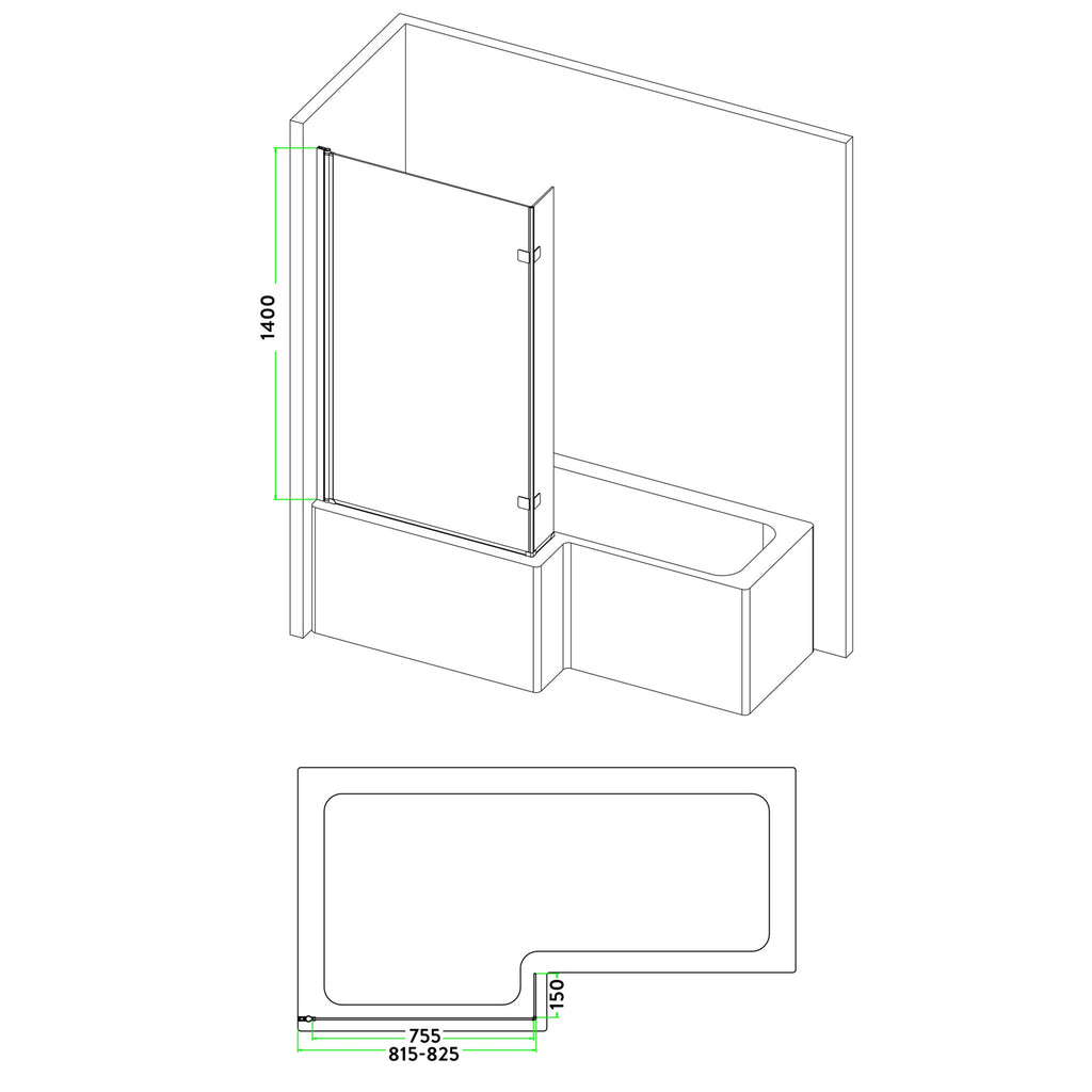 FNX Bathrooms L-Shape Bath Screen 6mm Toughened Clear Glass with Black Aluminium Frame - 1400 x 825mm Adjustable