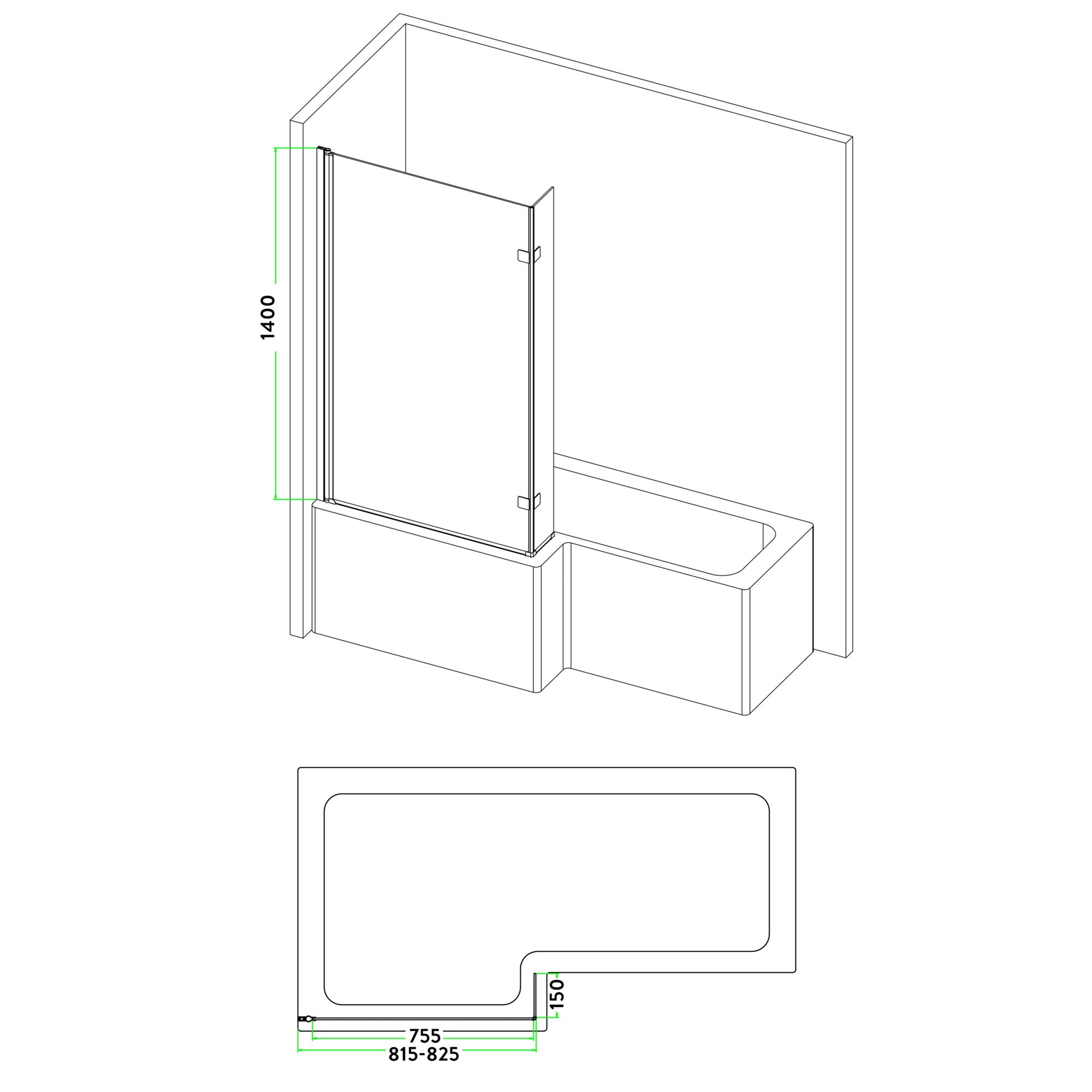 FNX Bathrooms L-Shape Bath Screen 6mm Toughened Clear Glass with Black Aluminium Frame - 1400 x 825mm Adjustable