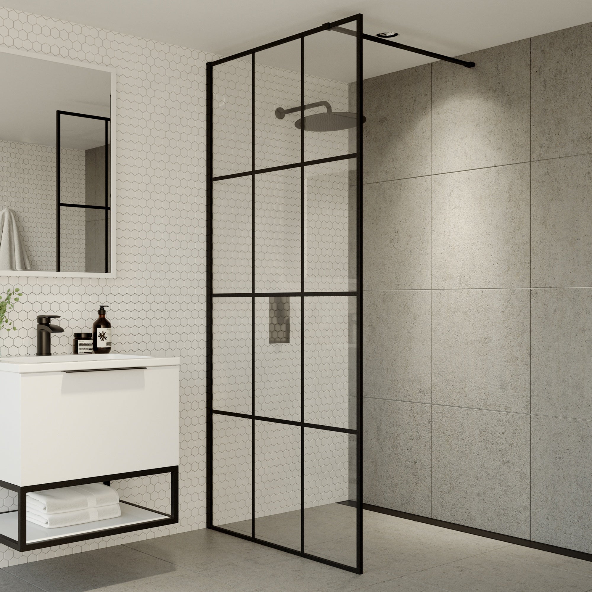 GRID Matt Black Industrial 8mm Toughened Glass Wet Room Shower Panel 700mm - Easy Clean & Adjustable