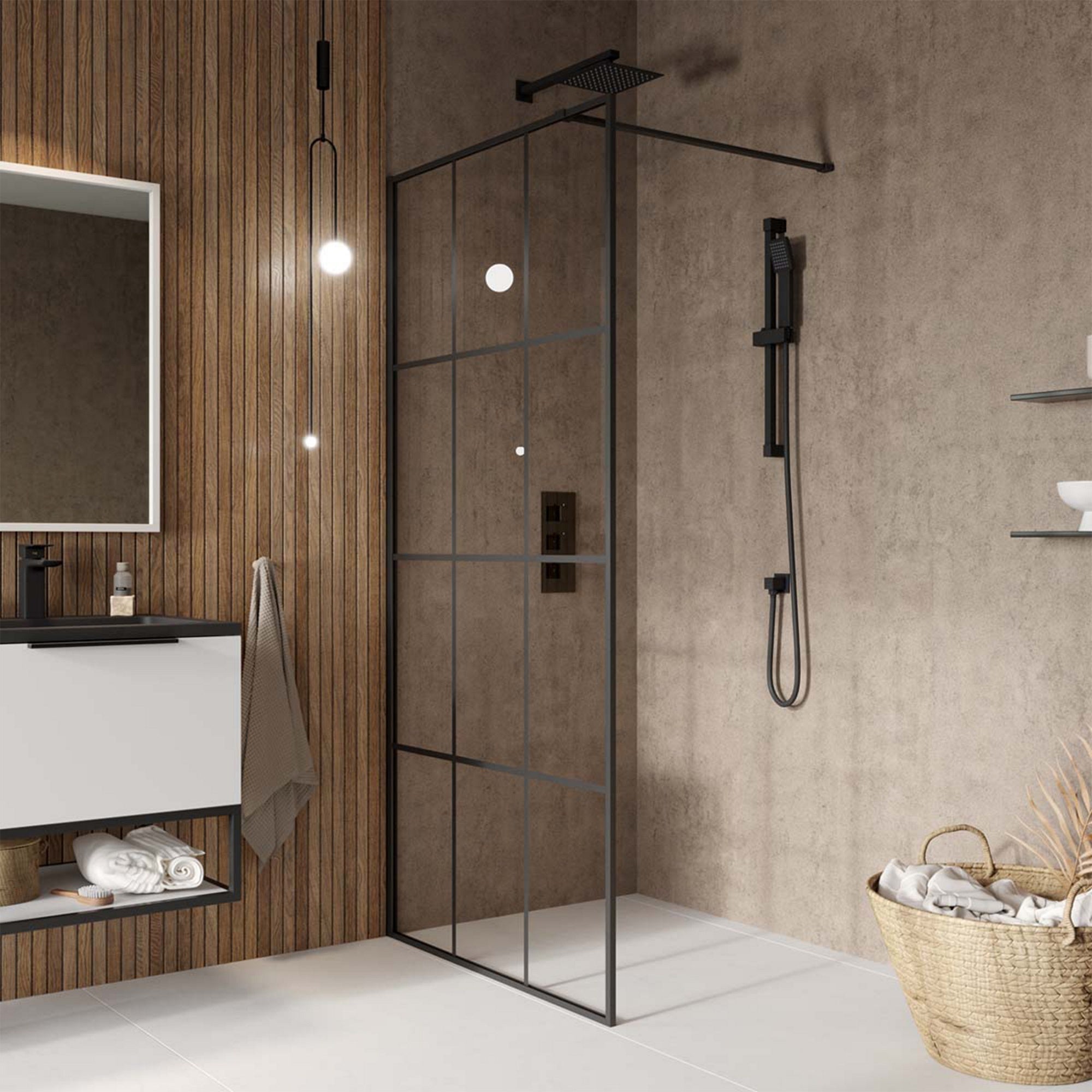 FNX Bathrooms 800mm Matt Black Grid Wet Room Panel with 8mm Toughened Safety Glass & Easy Clean Coating