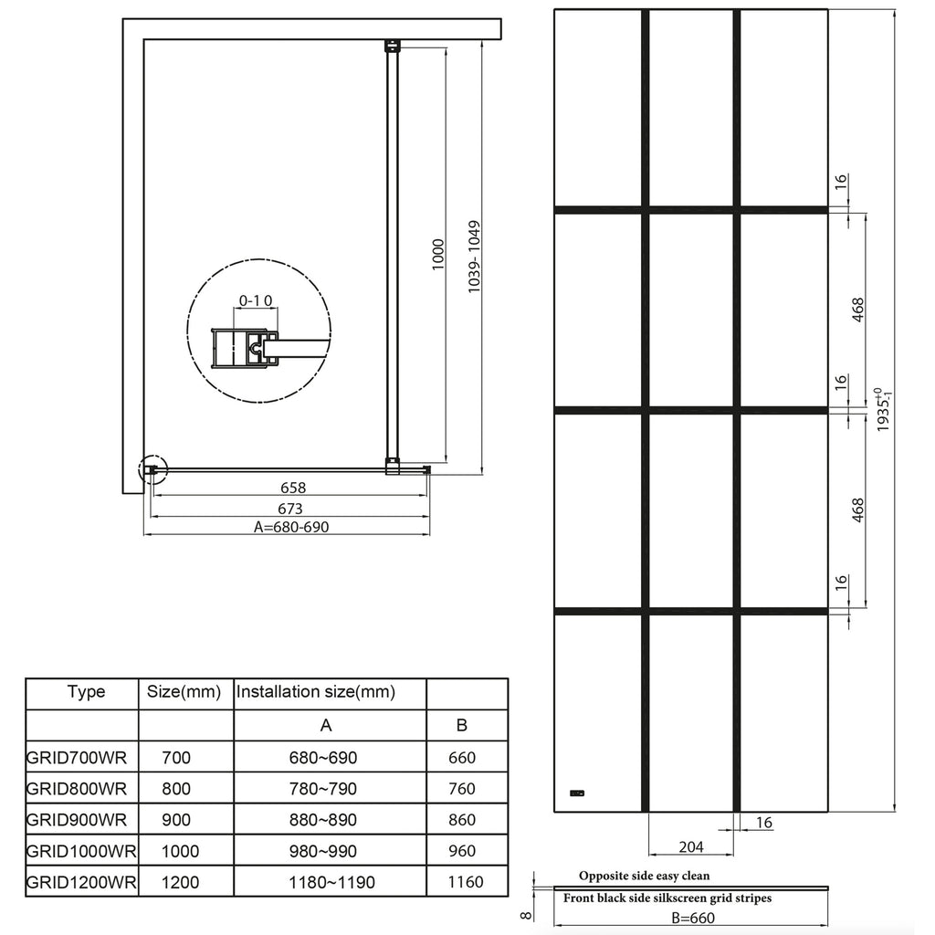 FNX Bathrooms 800mm Matt Black Grid Wet Room Panel with 8mm Toughened Safety Glass & Easy Clean Coating