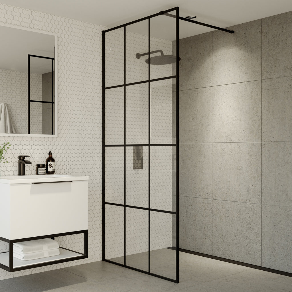 FNX Bathrooms 900mm Black Grid Wet Room Panel - 8mm Toughened Safety Glass with Easy Clean Coating & Matt Black Frame