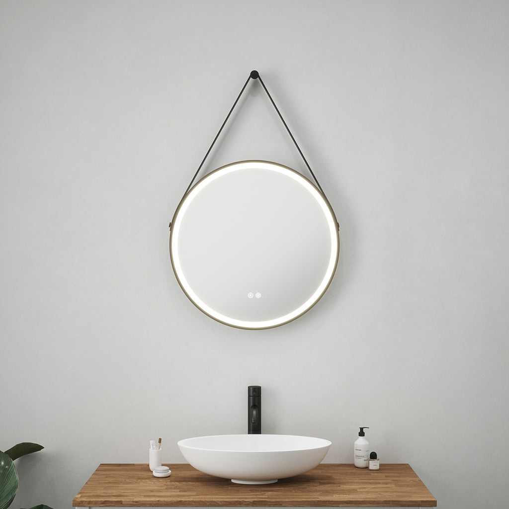 Valletta 600mm Round LED Bathroom Mirror with Tunable Light, Demister & Chic Black Leather Strap