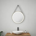 Valletta 600mm Round LED Bathroom Mirror with Tunable Light, Demister & Chic Black Leather Strap