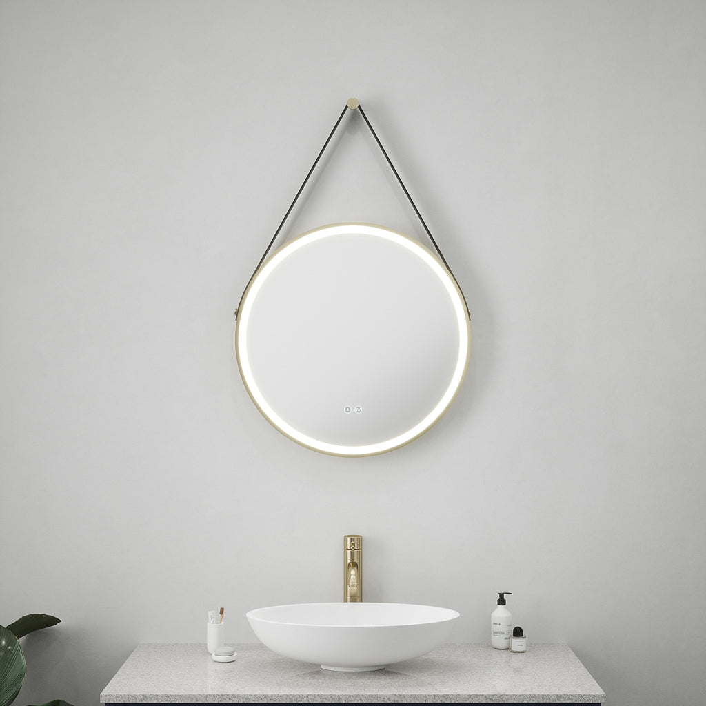 Valletta 600mm Round LED Bathroom Mirror with Tunable White, Dimmable Light, Demister, Leather Strap & Brushed Gold Trim