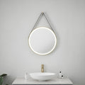 Valletta 600mm Round LED Bathroom Mirror with Tunable White, Dimmable Light, Demister, Leather Strap & Brushed Gold Trim