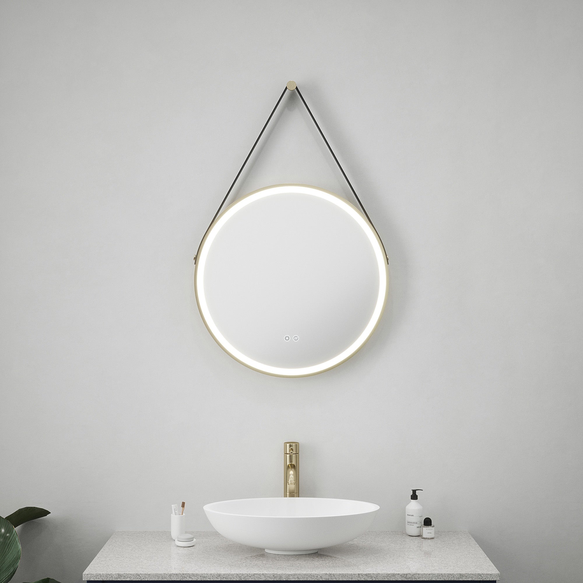 Valletta 600mm Round LED Bathroom Mirror with Tunable White, Dimmable Light, Demister, Leather Strap & Brushed Gold Trim