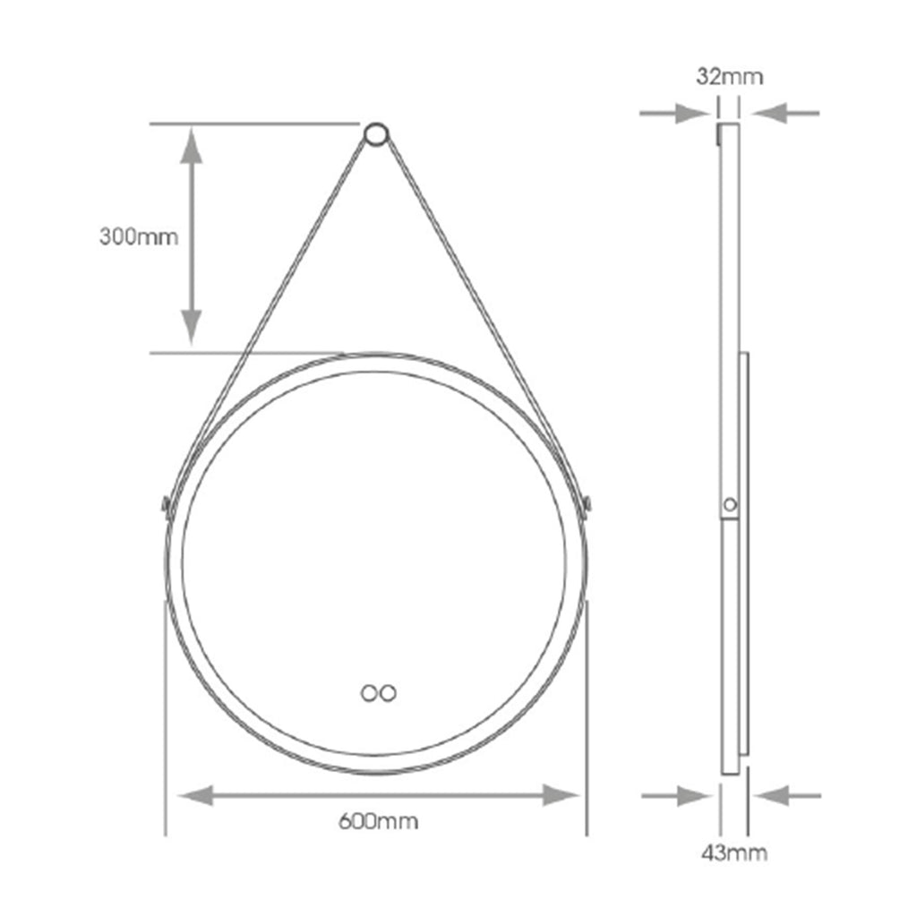 Valletta 600mm Round LED Bathroom Mirror with Tunable White, Dimmable Light, Demister, Leather Strap & Brushed Gold Trim