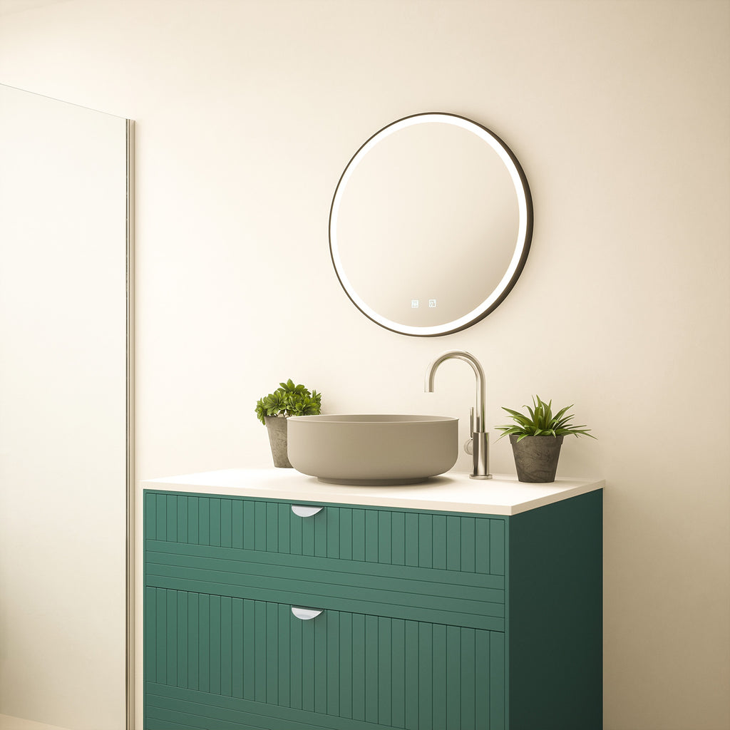 FNX Bathrooms Georgia 600mm Round Black Frame LED Bathroom Mirror, Tunable White & Demister