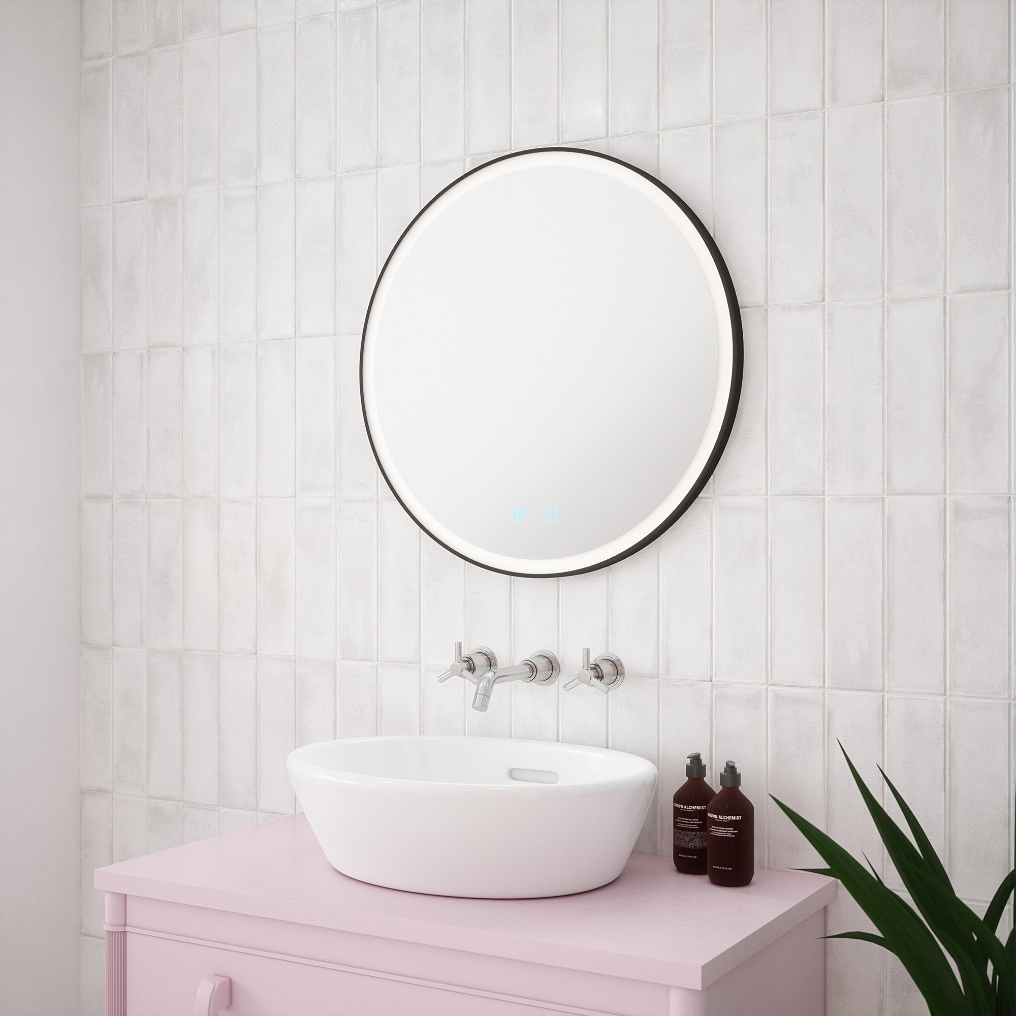 FNX Bathrooms Georgia 600mm Round Black Frame LED Bathroom Mirror, Tunable White & Demister