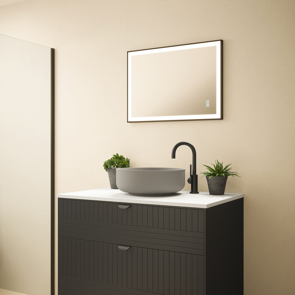 Langley 500x700x27mm Black Frame LED Bathroom Mirror - Tunable White, Dimmable, Demister & IP44 Rated