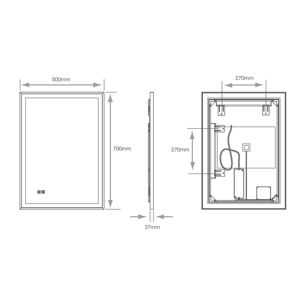 Langley 500x700x27mm Black Frame LED Bathroom Mirror - Tunable White, Dimmable, Demister & IP44 Rated