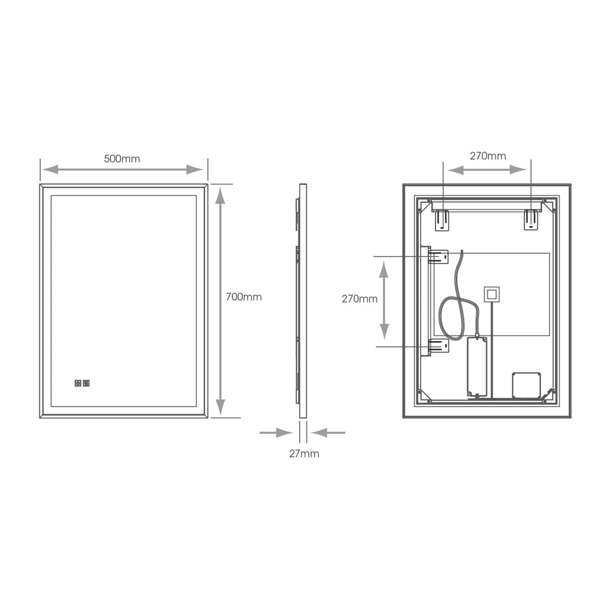 Langley 500x700x27mm Black Frame LED Bathroom Mirror - Tunable White, Dimmable, Demister & IP44 Rated