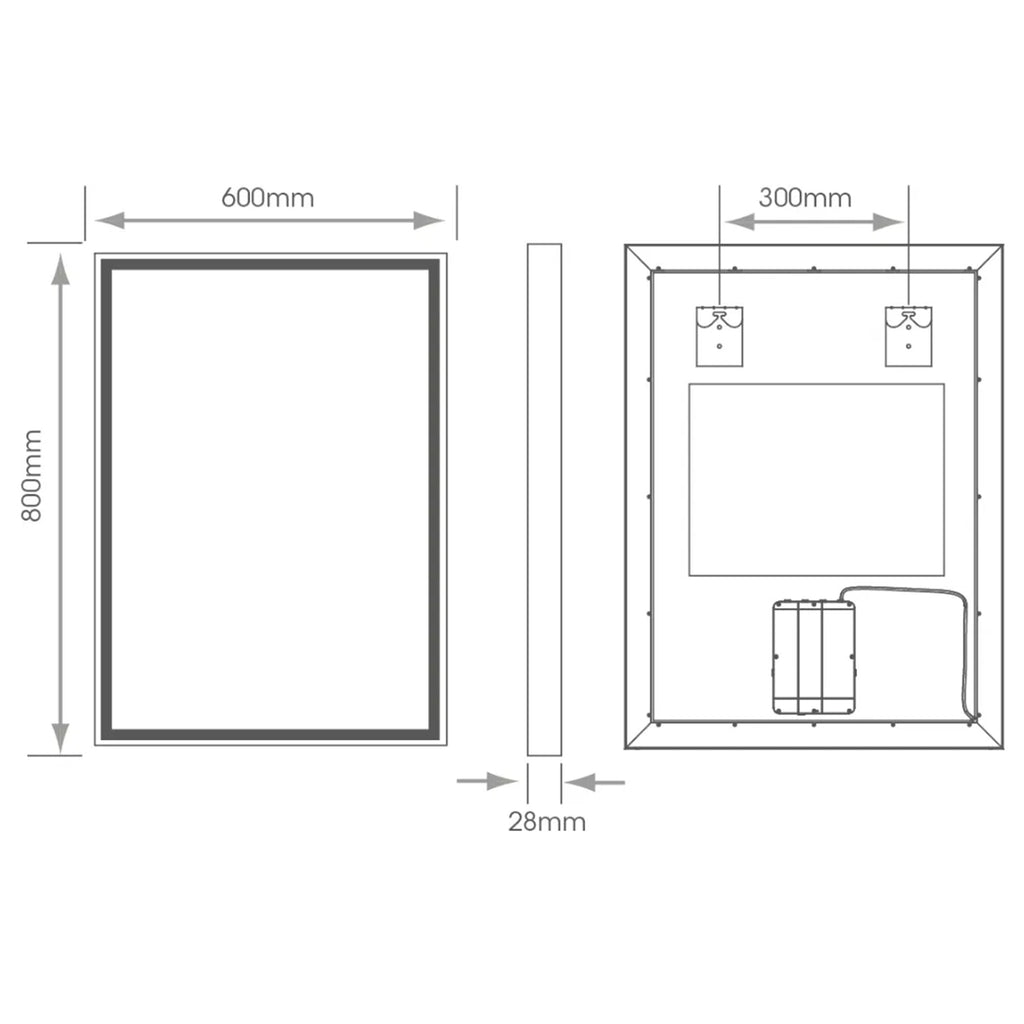 Stratford 600x800mm Rectangular LED Bathroom Mirror with Tunable White, Dimmable & Demister Pad