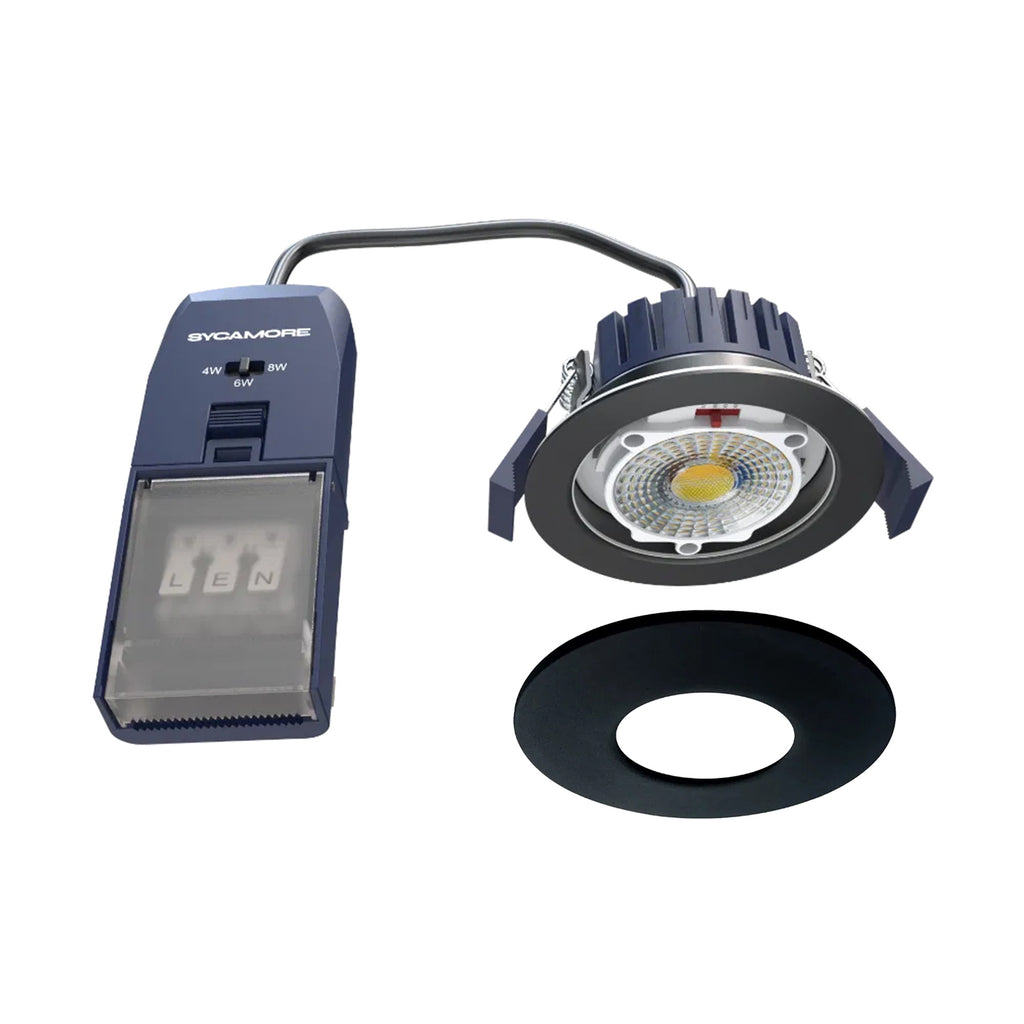 Riga Flex Dimmable LED Downlight, Switchable 4-8W & Colour (2700-6000K), IP65 Bathroom & Fire Rated, Matt Black, 70mm Cut Out