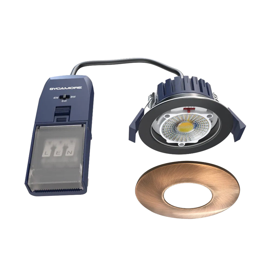 Riga Flex Dimmable IP65 Fire-Rated LED Downlight - Multi-Wattage & Adjustable Colour - Copper Bezel, 70mm Cut Out