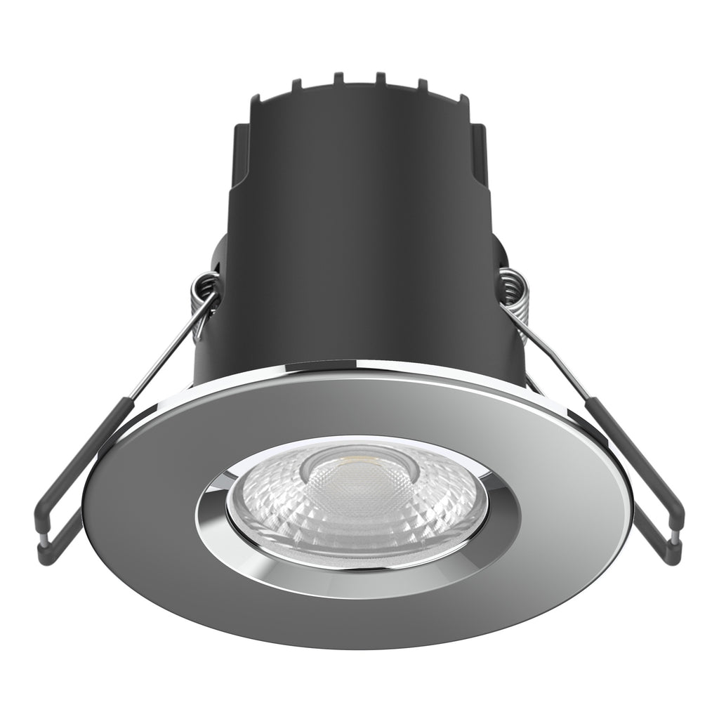 Riga Uno 6W LED Dimmable Downlight, IP65 Fire Rated, Warm White, Chrome Bezel, 68-70mm Cut Out