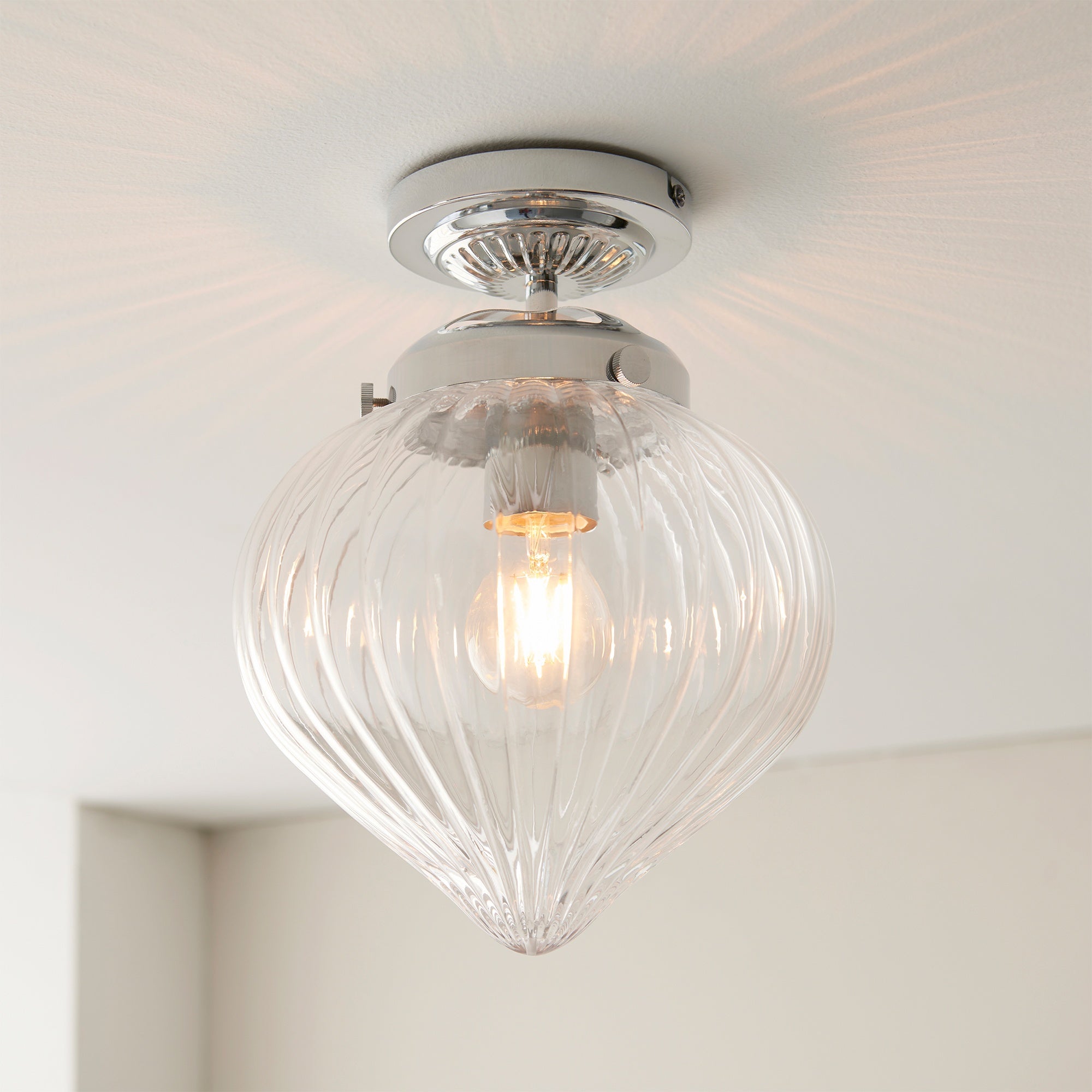 Cheston IP44 Dimmable Bathroom Ceiling Light with Chrome & Ribbed Glass - E27
