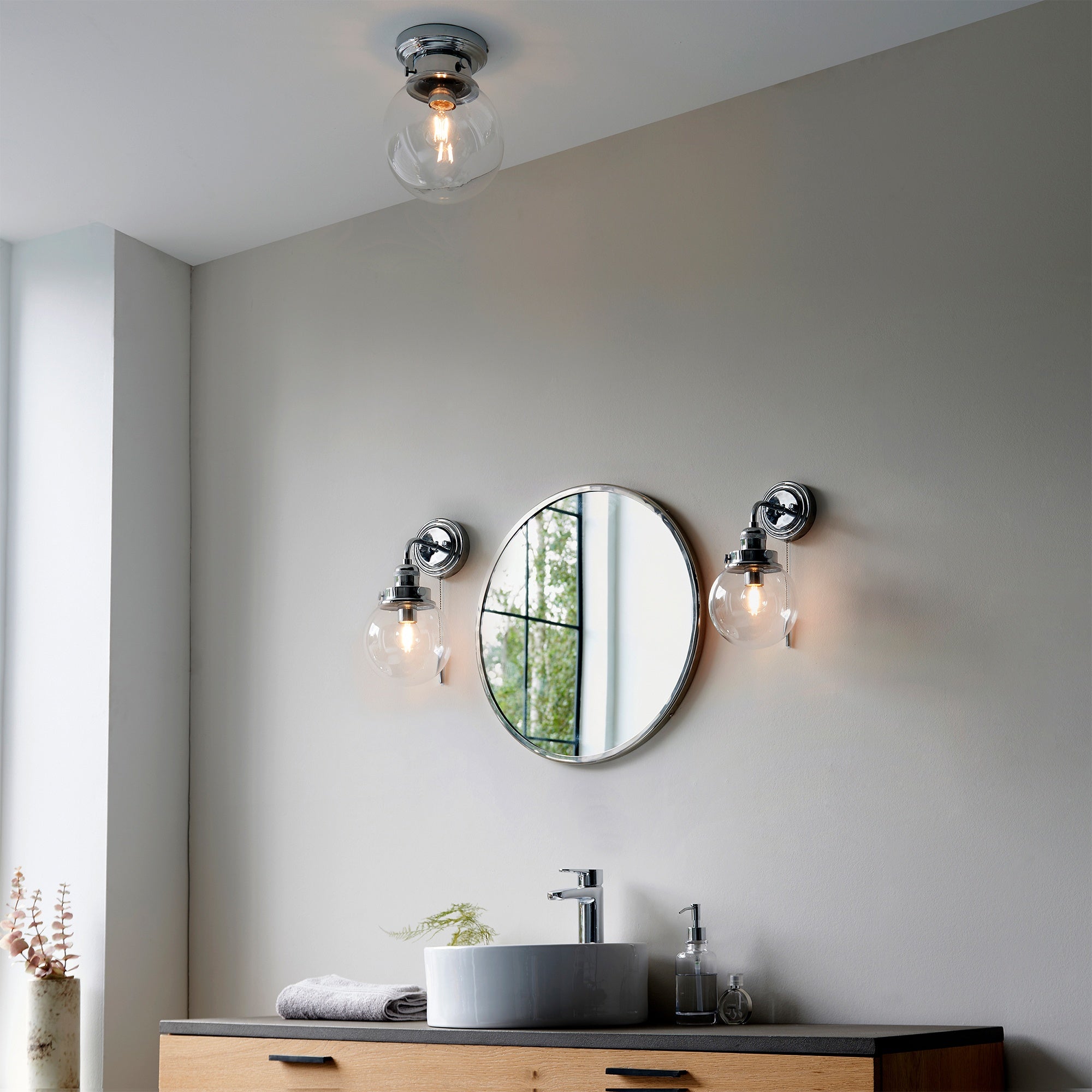 Cheswick IP44 Dimmable Chrome & Glass Flush Bathroom Ceiling Light (E27)